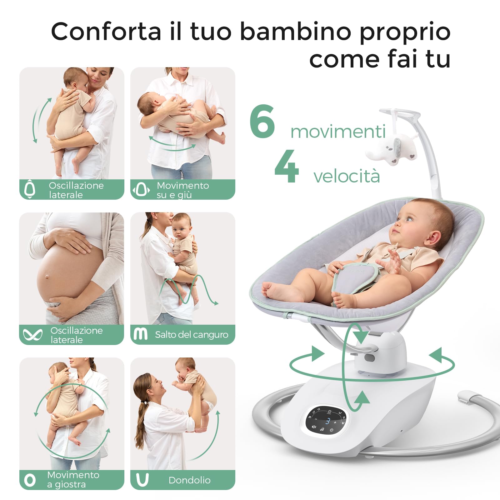 Momcozy CocoSway - Dondolo elettrico 3D-Motion per neonati e bambini, 6 modalità, 4 velocità, sedile girevole 180°, telecomando, lettini e altalene, 5 imbracature, 8 ninne, grigio