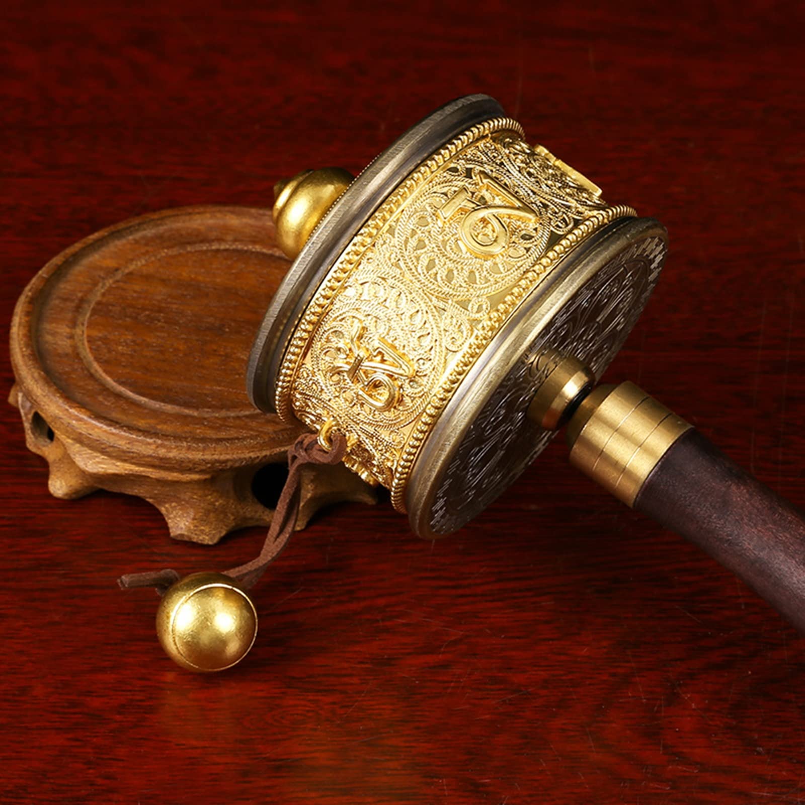 HMWOKPOT Tibetan Buddhist Hand Turn Praying Instrument Copper Hand-Held Tibetan Prayer Wheel with Lotus Base for Praying,Silver,L