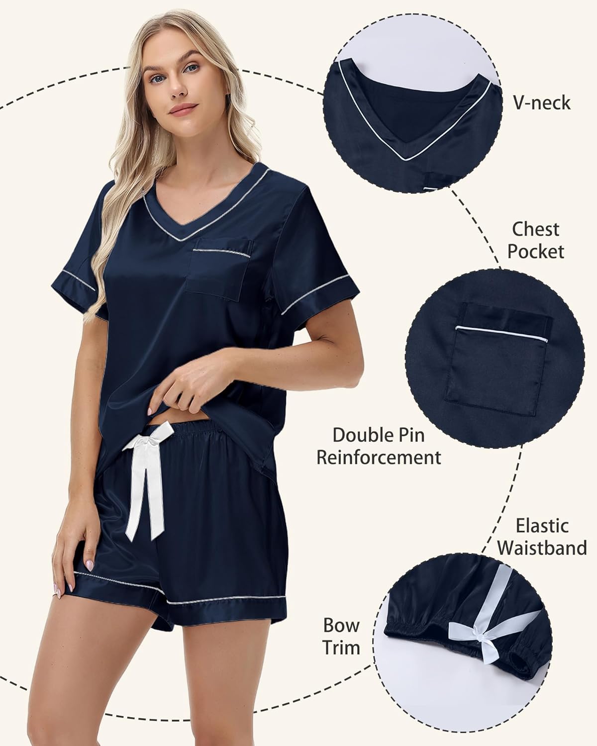 3 Piece Silk Satin Pajamas Set for Women Soft Short Sleeve Pjs Silky V Neck Sleepwear with Top Shorts and Pants,Navy Blue,XXL - Image 5