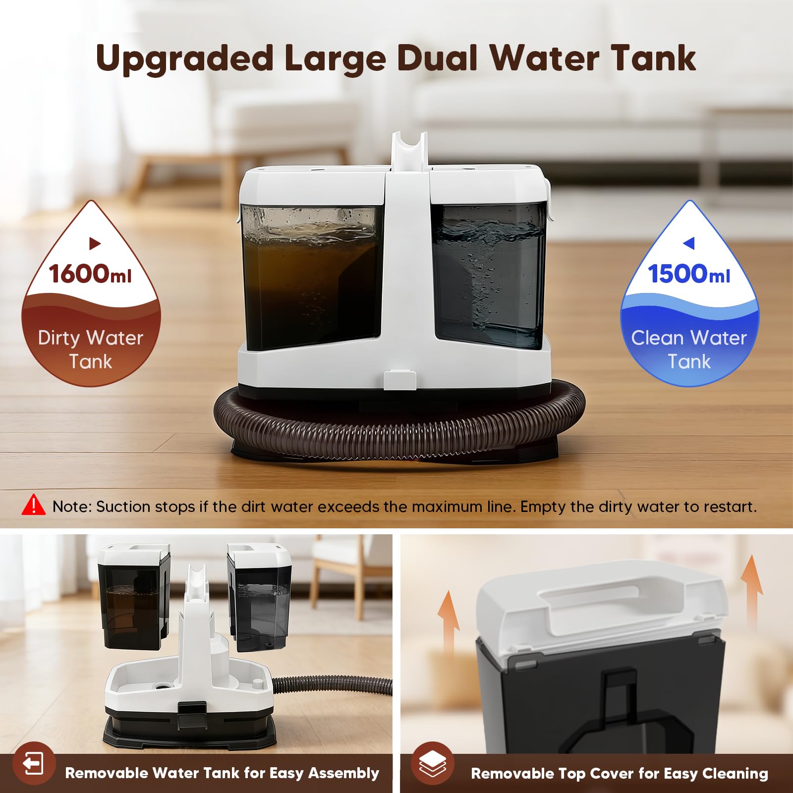 Aspiradora de Agua Tapiceria, Limpia Tapicerias Potente de 16 kPa con 2 Cabezales de Cepillo, Autolimpiante, 2 Depósito de 1,5L y 1,6L, Aspirador Tapicerias con Agua para Alfombras Sofás Coches Hogar