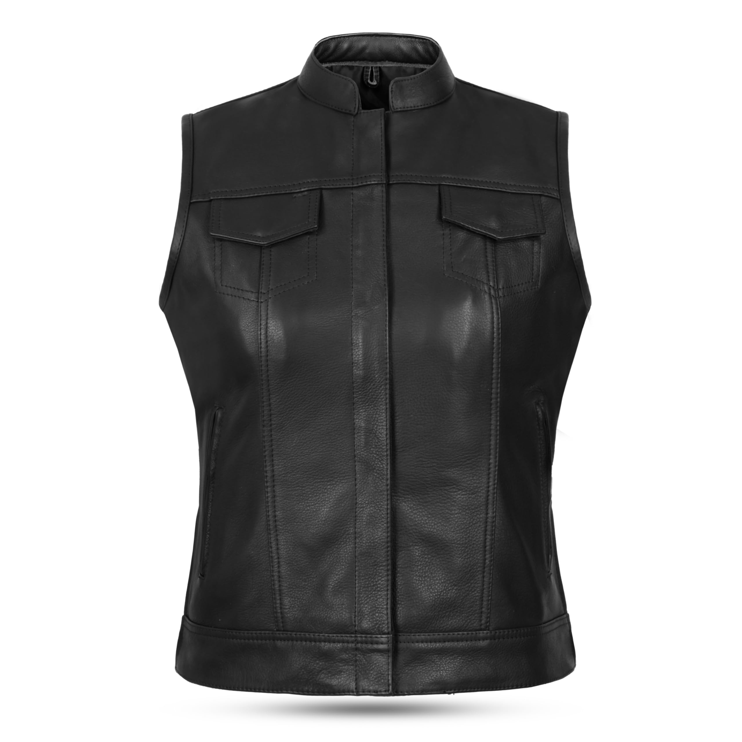 Leatherick Damen-Motorradweste schwarzes Leder Bikerweste weiches Futter verstellbar