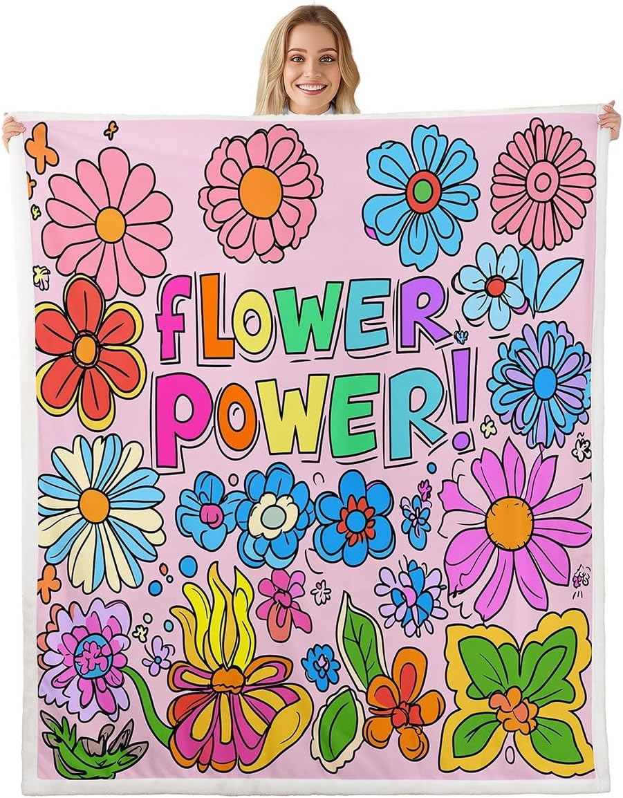 Colorful Groovy Flowers Sherpa Blanket Queen 90"X90" Hippie Aesthetic Floral Plush Bed Blanket For Bed Couch,Retro 60S 70S Groovy Throw Blanket Vintage Boho Colorful Blossom Flannel Blanket