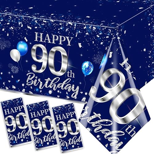 Miniatura 41 de GREHUMOR Mantel de feliz cumpleaños de 3 piezas, color azul plateado, suministros para fiesta de cumpleaños 30, funda de mesa desechable de plástico