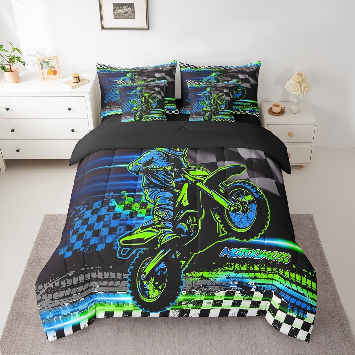 Feelyou Boys Girls Dirt Bike Bed in A Bag Twin Size, Extreme Sports 7 Pieces Bedding Set Kids Racing Motocross Comforter Set with Sheets Motorcycle Teens Bed Set Bedroom Decor 7Pcs