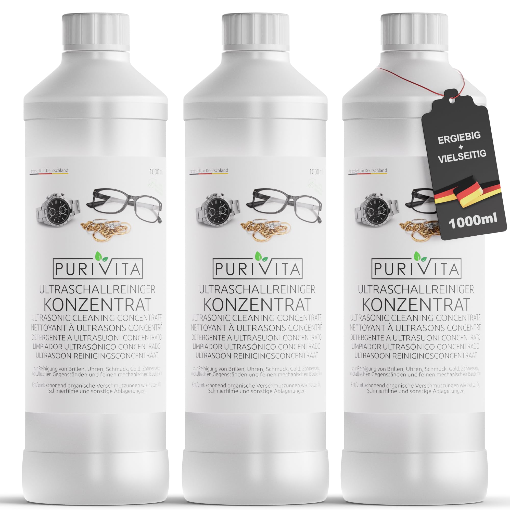 PURIVITA® Ultraschallreiniger Konzentrat [3x1L] - Reinigungsmittel für Ultraschallgeräte - Reinigungsflüssigkeit für Ultraschallreiniger - Ultraschall Reinigung für Brillen, Schmuck, Zahn & Münzen