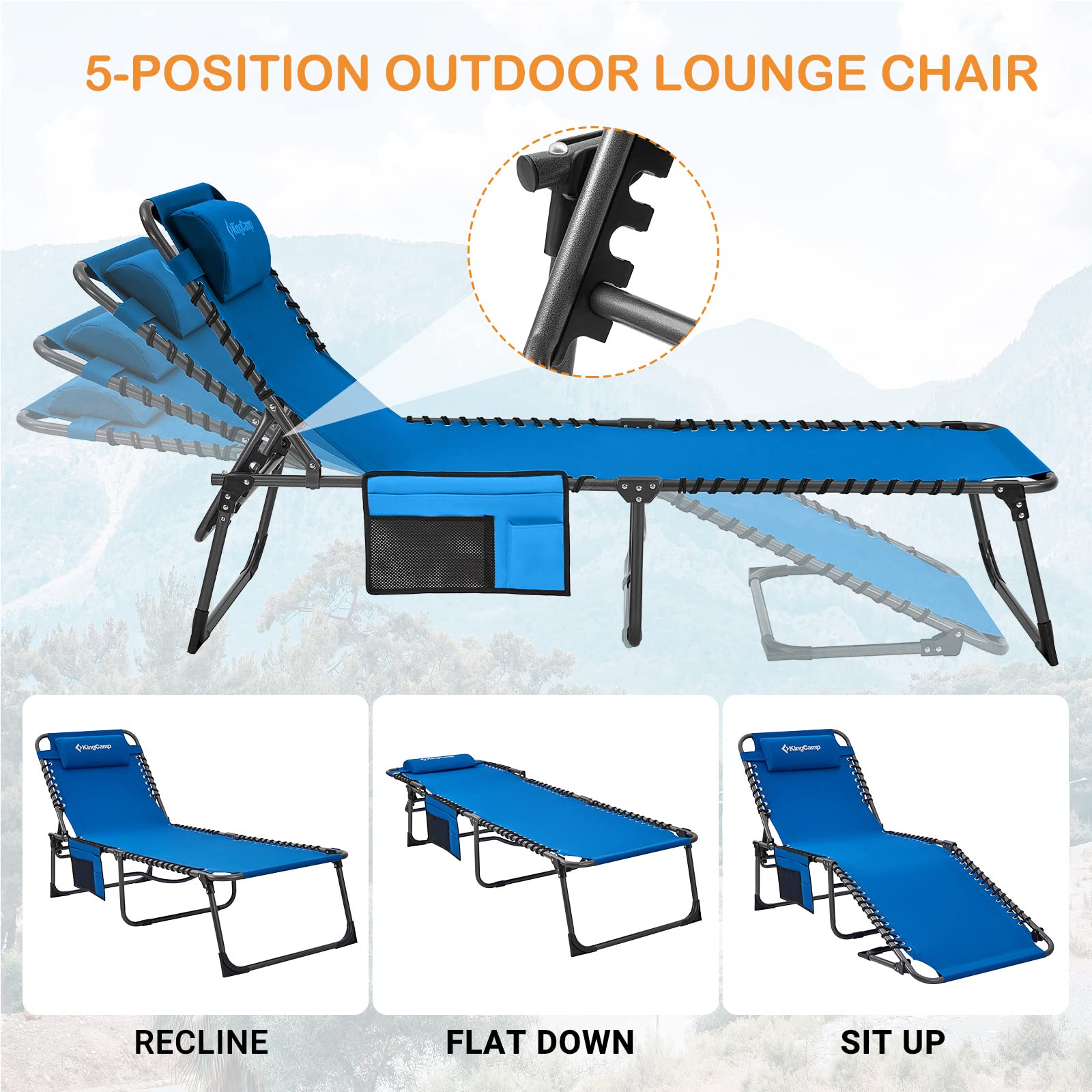 KingCamp Adjustable 5-Position Heavy Duty Folding Chaise Lounge Chair with Pillow Pocket, Lightweight Portable Great for Outdoor, Poolside, Beach, Lawn, Patio, Camping, Lakeside, Blue