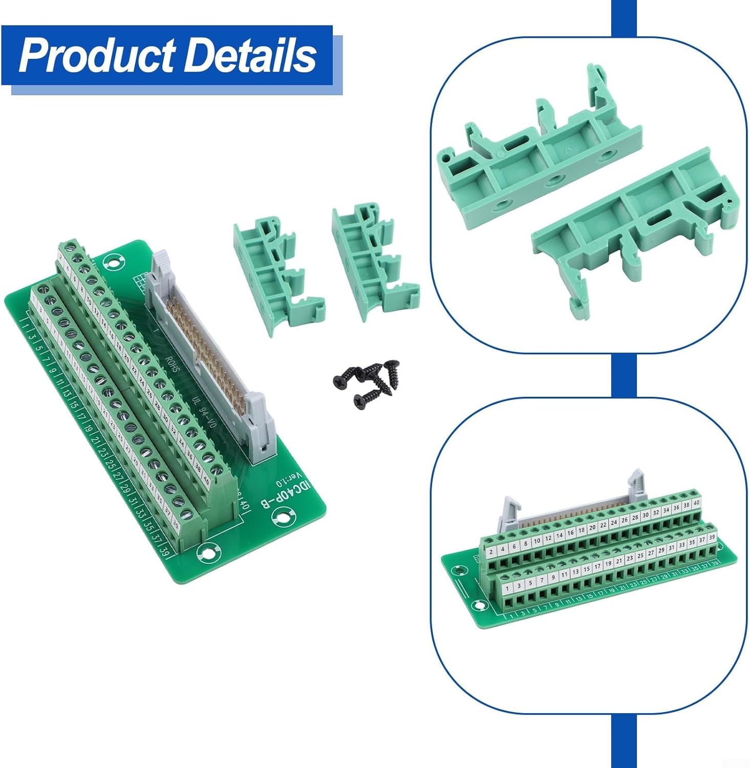 IDC40P-B Terminal Block for Bracket, Copper 36V DIN Rail Mount Connector for PLC Motor Control, Compatible for IDC Series 10P-64P, Green 12.1x5.1cm