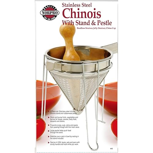 Miniatura 6 de Norpro 642 Colador chino de acero inoxidable con soporte y mano de madera, colador de caldo, colador de jalea, colador de China