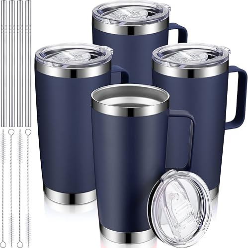Sieral 4 vasos de viaje aislados de 20 onzas con tapa, popote y asa, taza de doble capa de acero inoxidable al vacío (azul)