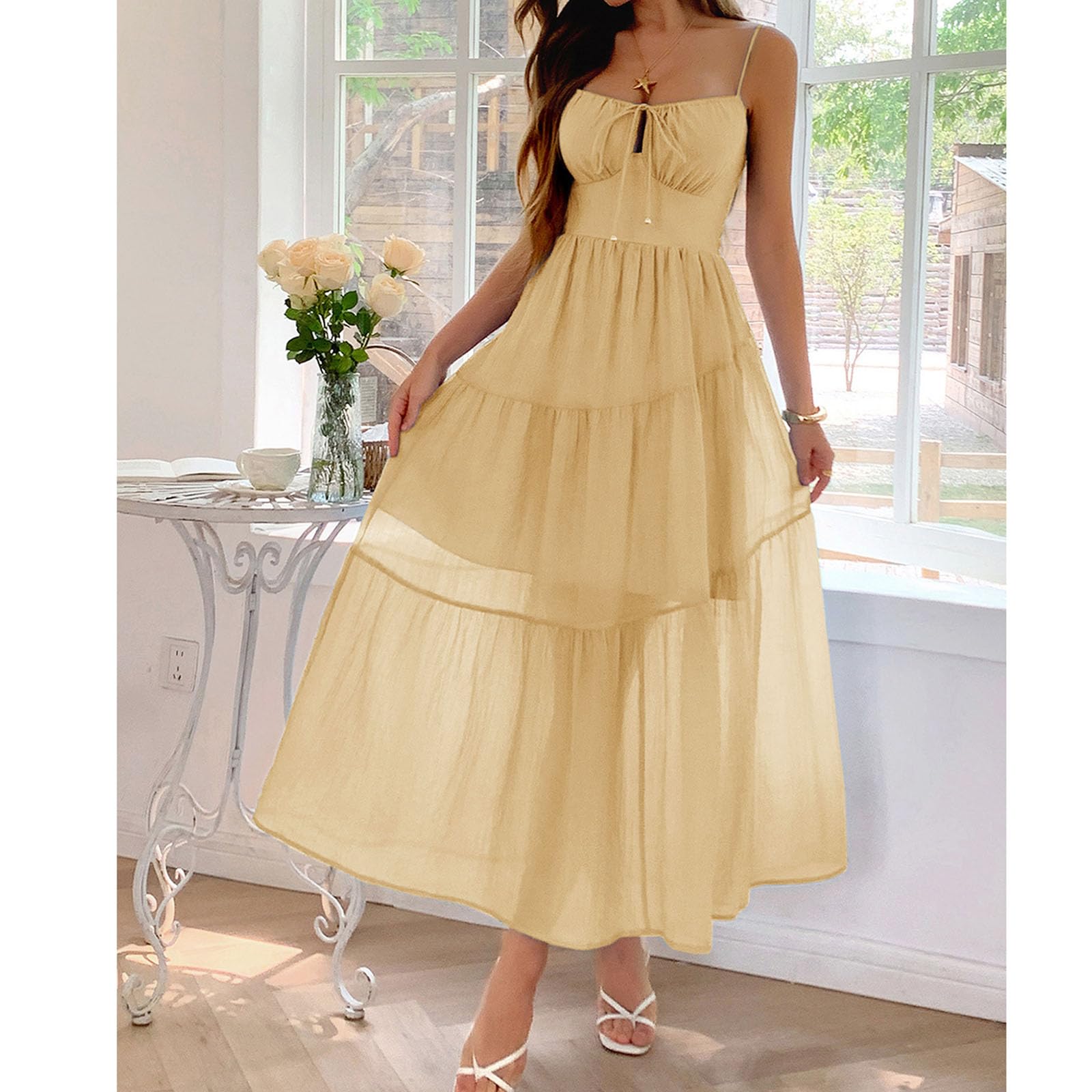 Vestido de Verano para Mujer, Vestido Largo sin Mangas con Cuello en V y Corte Cruzado, Vestido Fluido de Playa para Vacaciones, Fiestas y Viajes.