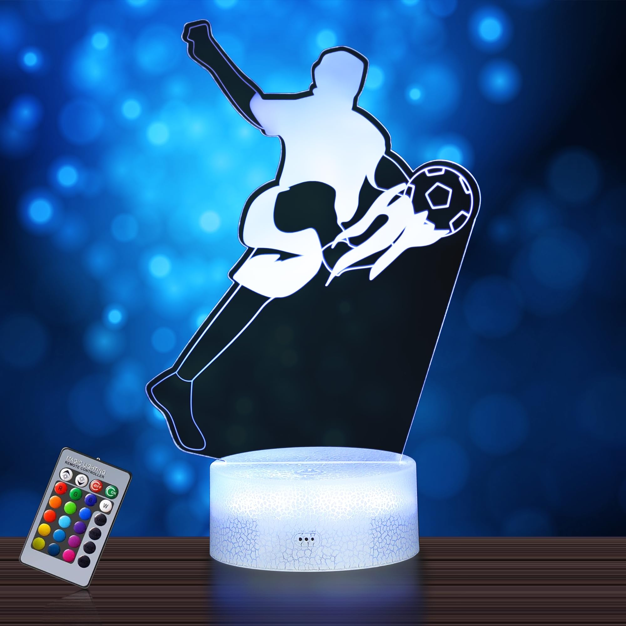 3D Night Light for Kids Football Illusion Lamp with 16 RGB Colors Changing Dimmable Remote & Smart Touch 3D Stereo Bedside Table Lamp Room Decor LED Night Light Visual Creative Gift Lamp