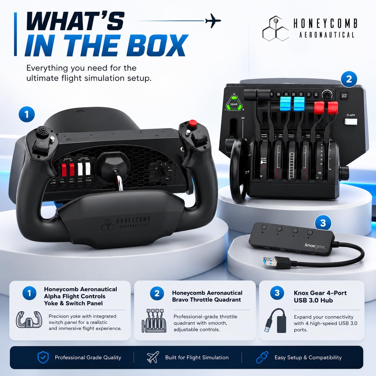 Honeycomb Alpha Yoke Plus Bravo Throttle Quadrant e 4 porte USB (3 pezzi) | Include Alpha Flight Yoke, Bravo Throttle Quadrant e Knox Gear 4 porte USB 3.0 Hub, PC e Mac compatibile