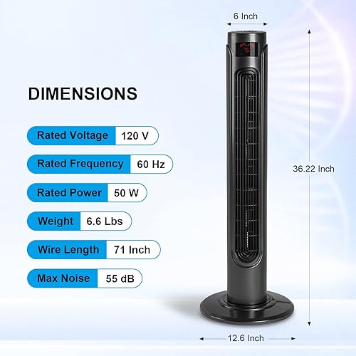Miniatura 2 de HealSmart Ventilador de torre oscilante de 36 pulgadas para dormitorio con pantalla LED de control remoto y 3 velocidades, 3 modos, temporizador de