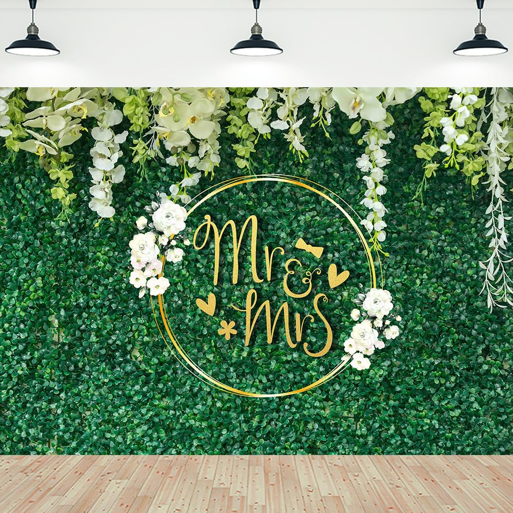 Mr & Mrs Wedding Backdrop Green Leaves Floral Bridal Shower Backdrop Green Leaves Wall Mr Mrs Theme Photography Background Wedding Engagement Party Decoration Banner 7x5Ft