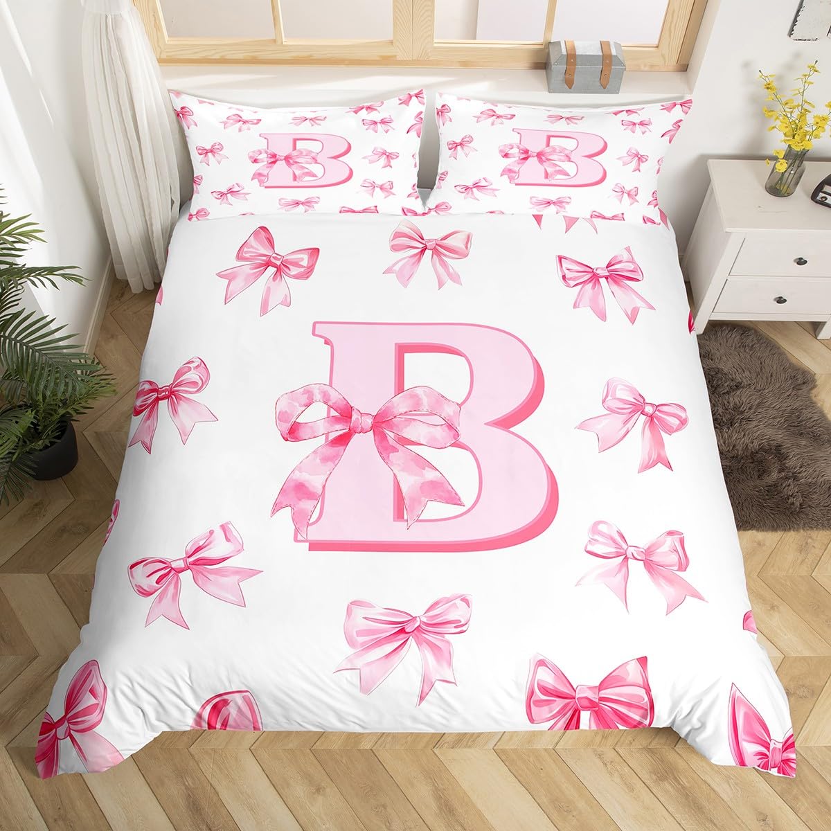 Pink Bowknot Double Bedding Set For Girls,Initial Letter B Comforter Cover For Kids Teen Women Room Decor,Pink Monogrammed Duvet Cover Dreamy Princess Bow Quilt Cover