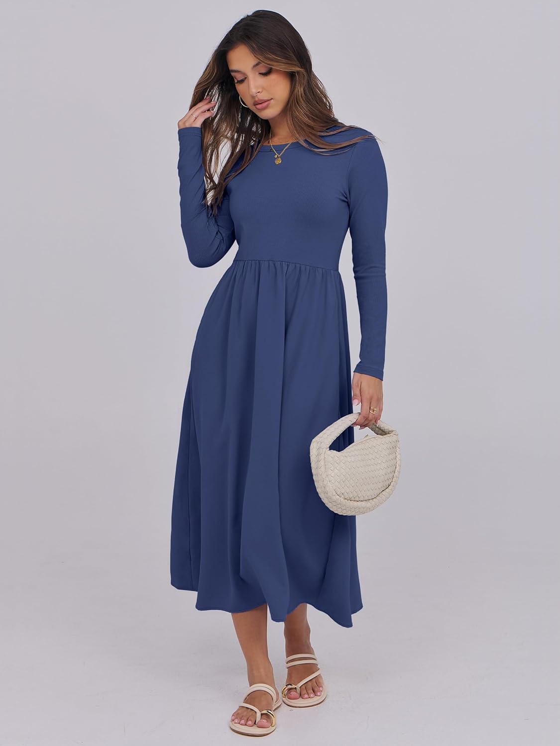 ANRABESS Long Sleeve Midi Dresses for Women 2025 Fall Fashion Casual Rib Knit Patchwork Tight Top Modest Flowy Dress Pocket - Image 4