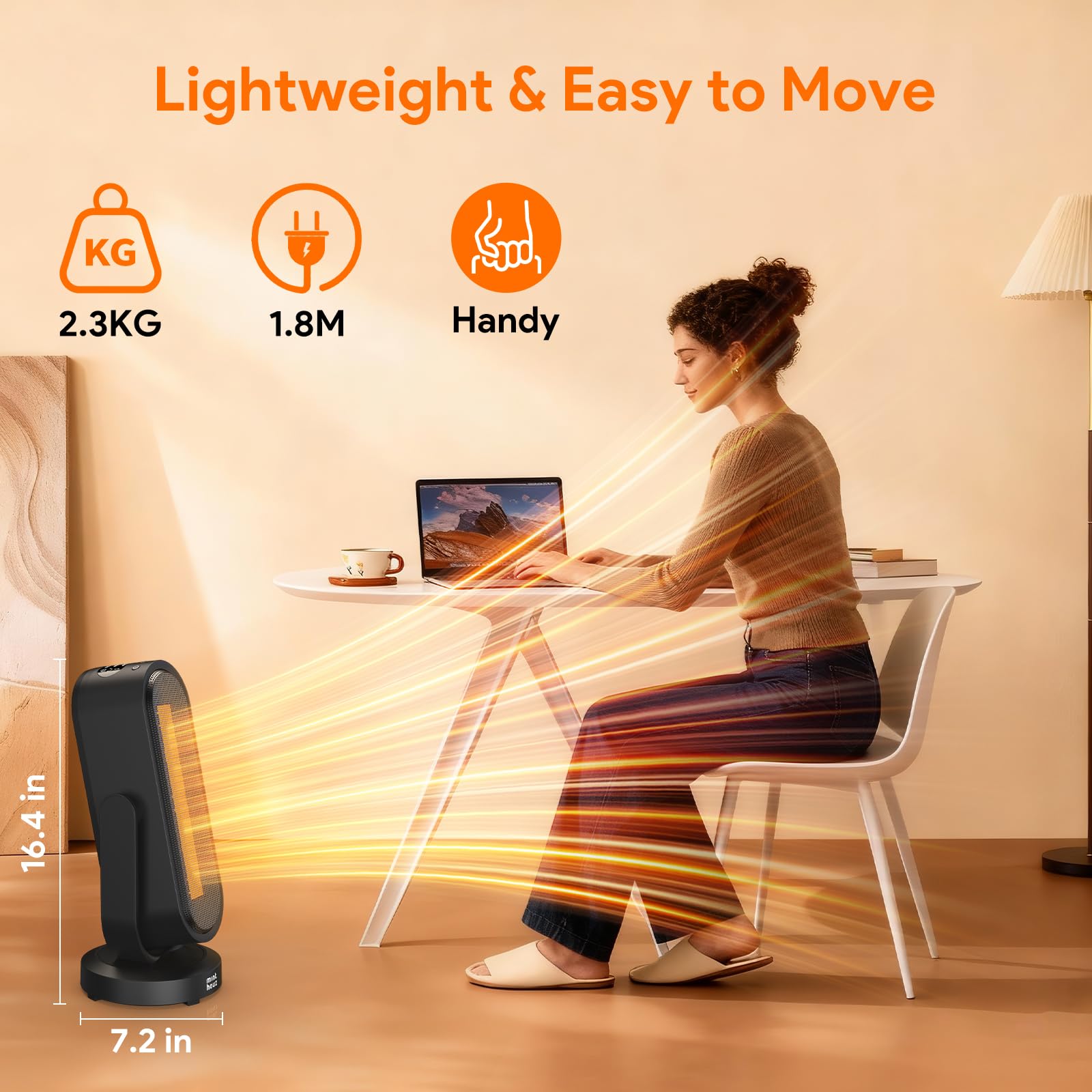 Minthouz Calefactor Cerámico PTC 1500W Bajo Consumo, Oscilación 4 Direcciones, Control Remoto, Termostato ECO, Temporizador 8H, Protección Antivuelco, Silencioso