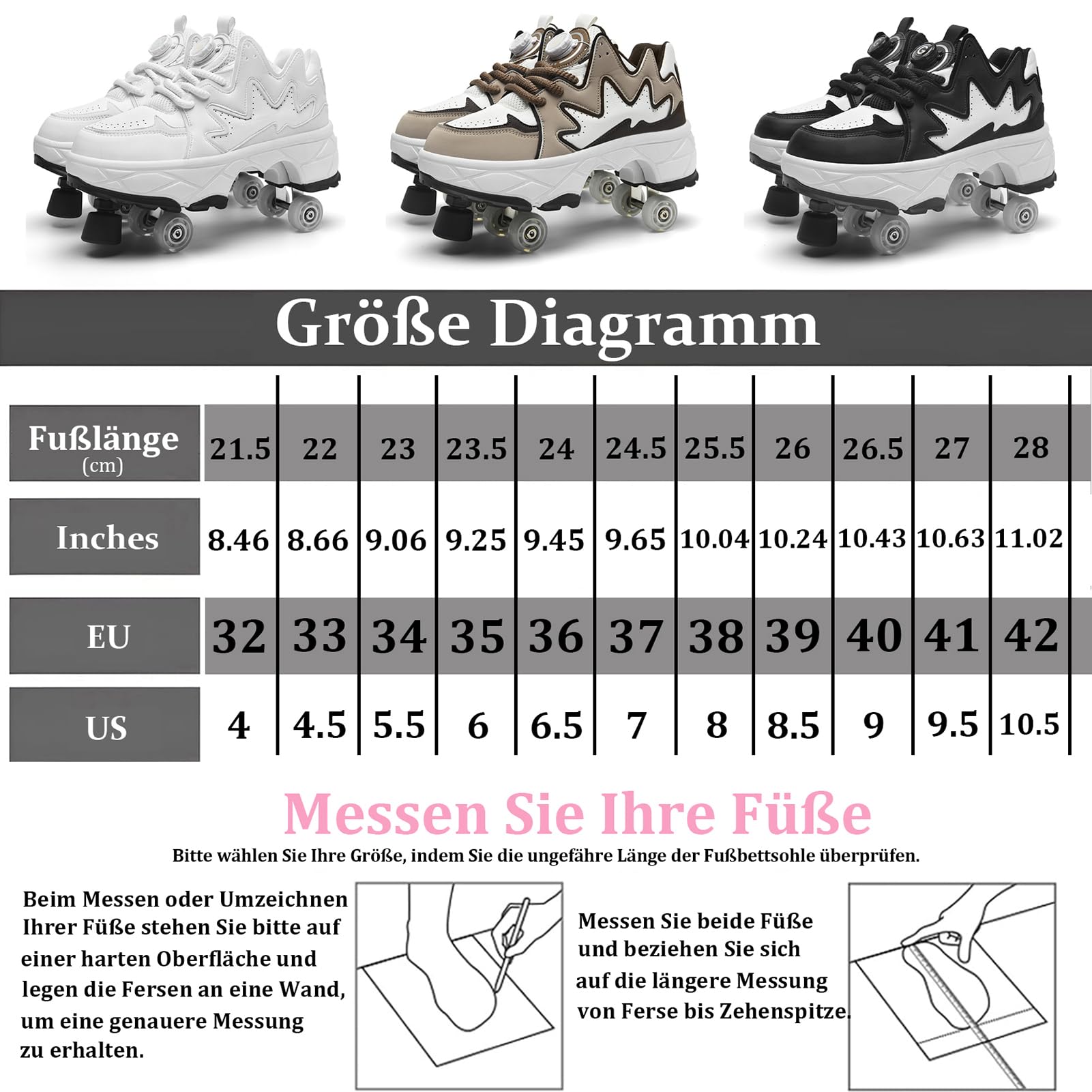 Roller Skate Shoes Jungen Mädchen Rollschuhe Schuhe mit Rollen 4-Rad Skateboardschuhe, Verstellbar Skateboard Schuhe mit Rollen für mädchen, Outdoor Sportschuhe für Kinde und Erwachsene