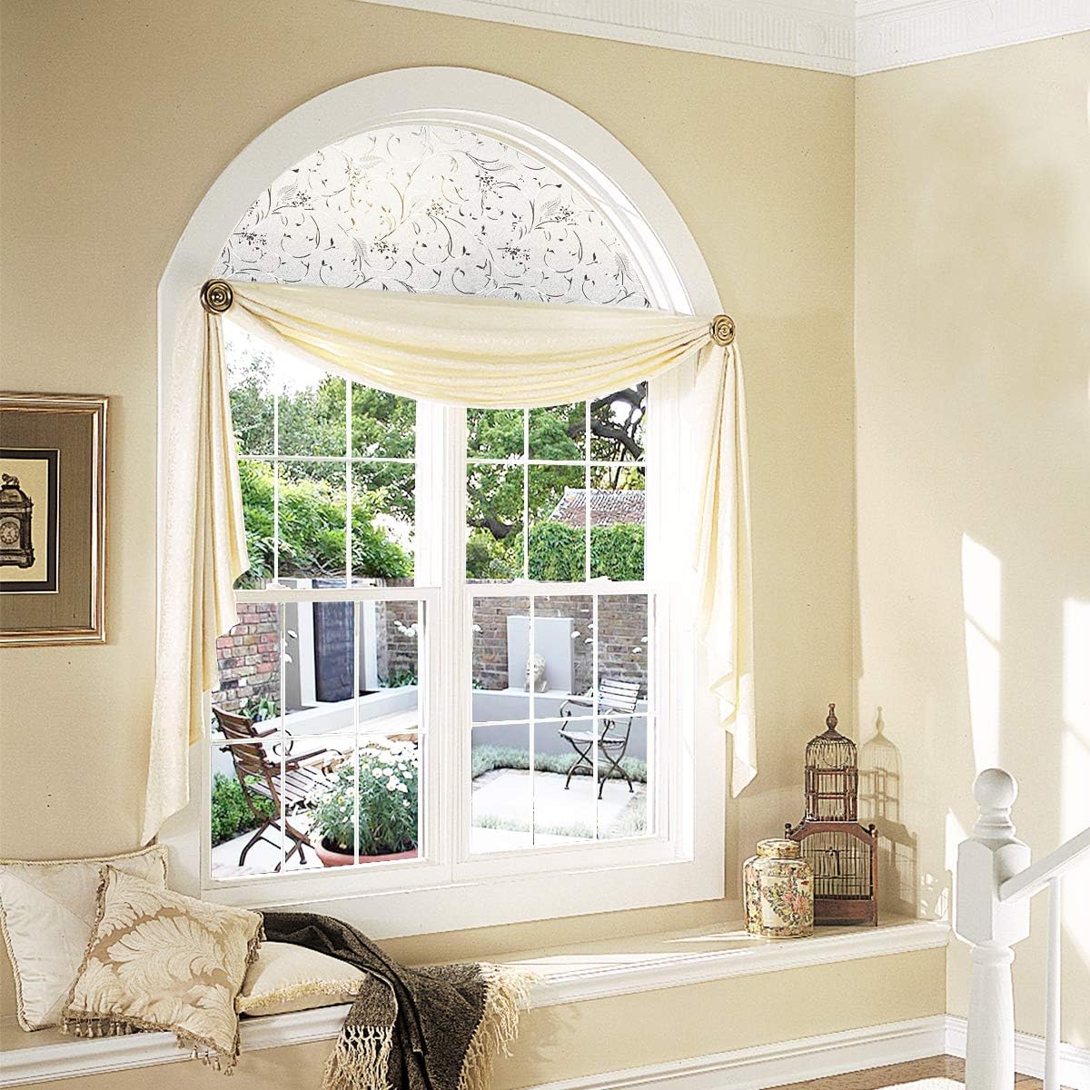 Autotech Park Precut Custom Arched Window Film, Elegant Flower Design, up to 34 inches Diameter and 20 inches Height