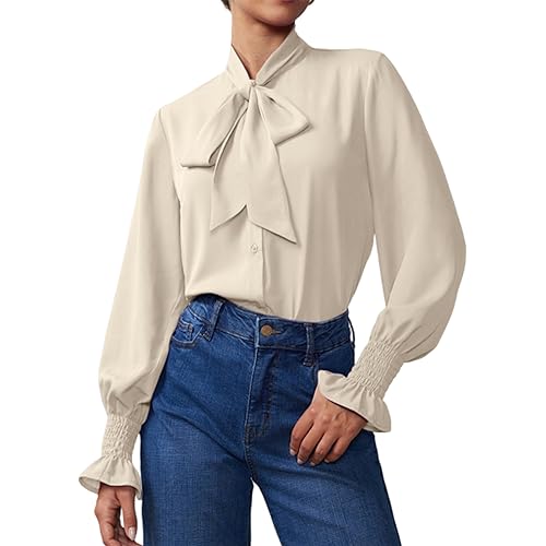 Neweek Chiffon Blouses for Women Bow Tie Neck Long Sleeve Dressy Casual Smocked Cuffed Shirts Office Work Blouse Elegant Tops