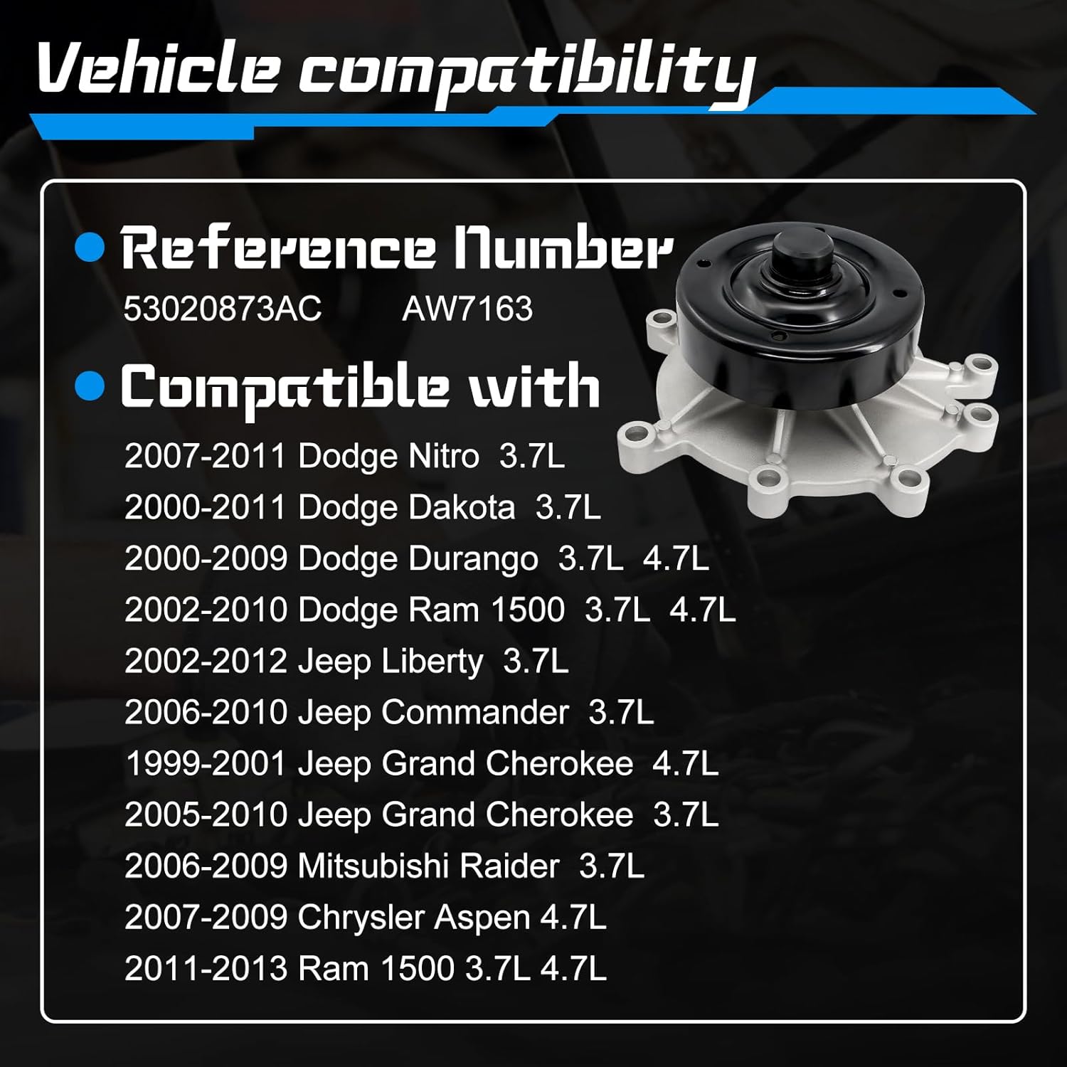 Engine Water Pump with Pulley, Compatible with Chrysler Aspen ＆ Dodge Dakota, Durango, Nitro, Ram 1500 ＆ Jeep Commander, Grand Cherokee, Liberty ＆ Mitsubishi Raider, SOHC, 6,8Cyl 3.7 4.7L