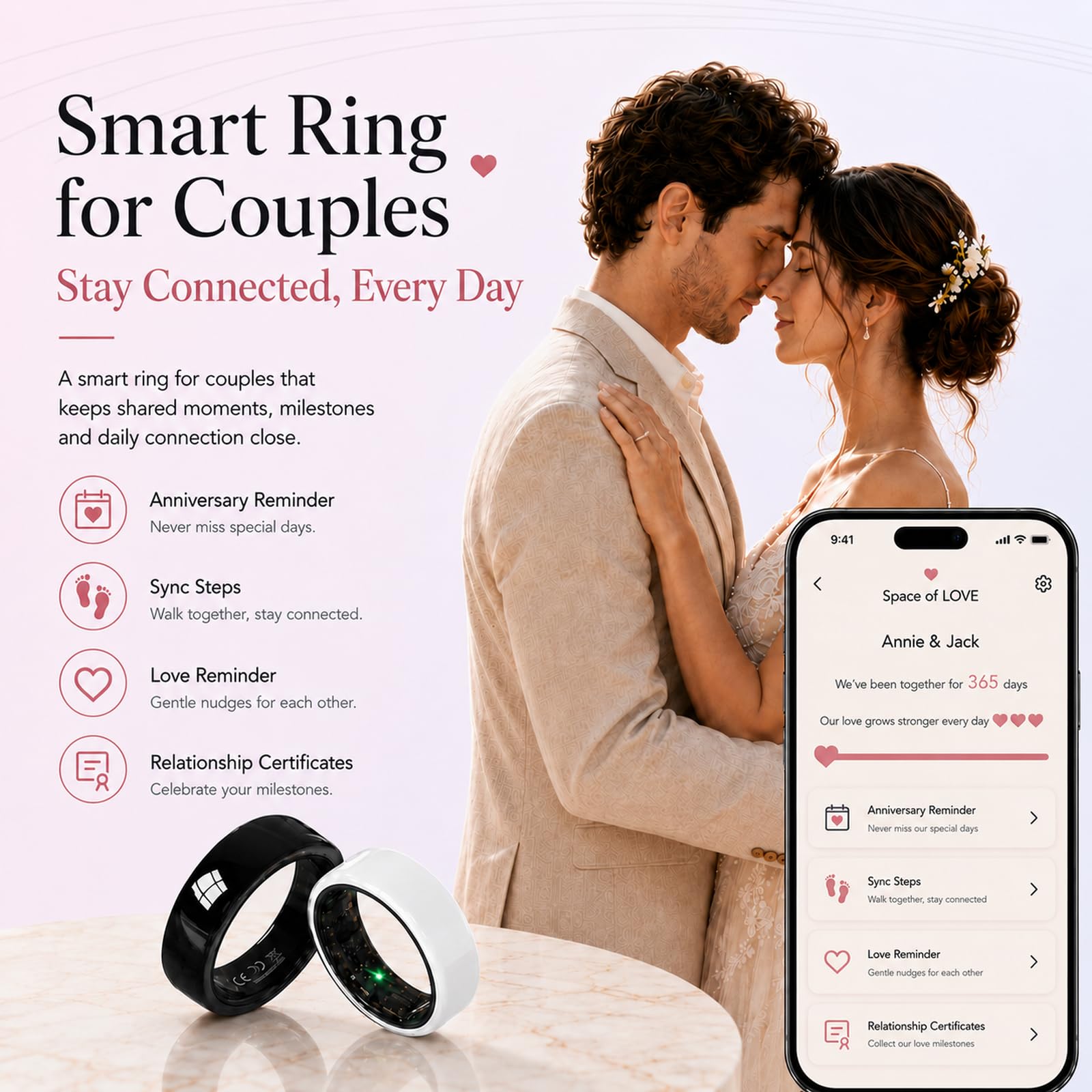 Anelli intelligenti per coppie, anelli sanitari per uomini e donne, monitoraggio della frequenza cardiaca 24/7, sonno, SpO2, stress, HRV e cicli. Impermeabile fino a 5 ATM, iOS/Android, senza