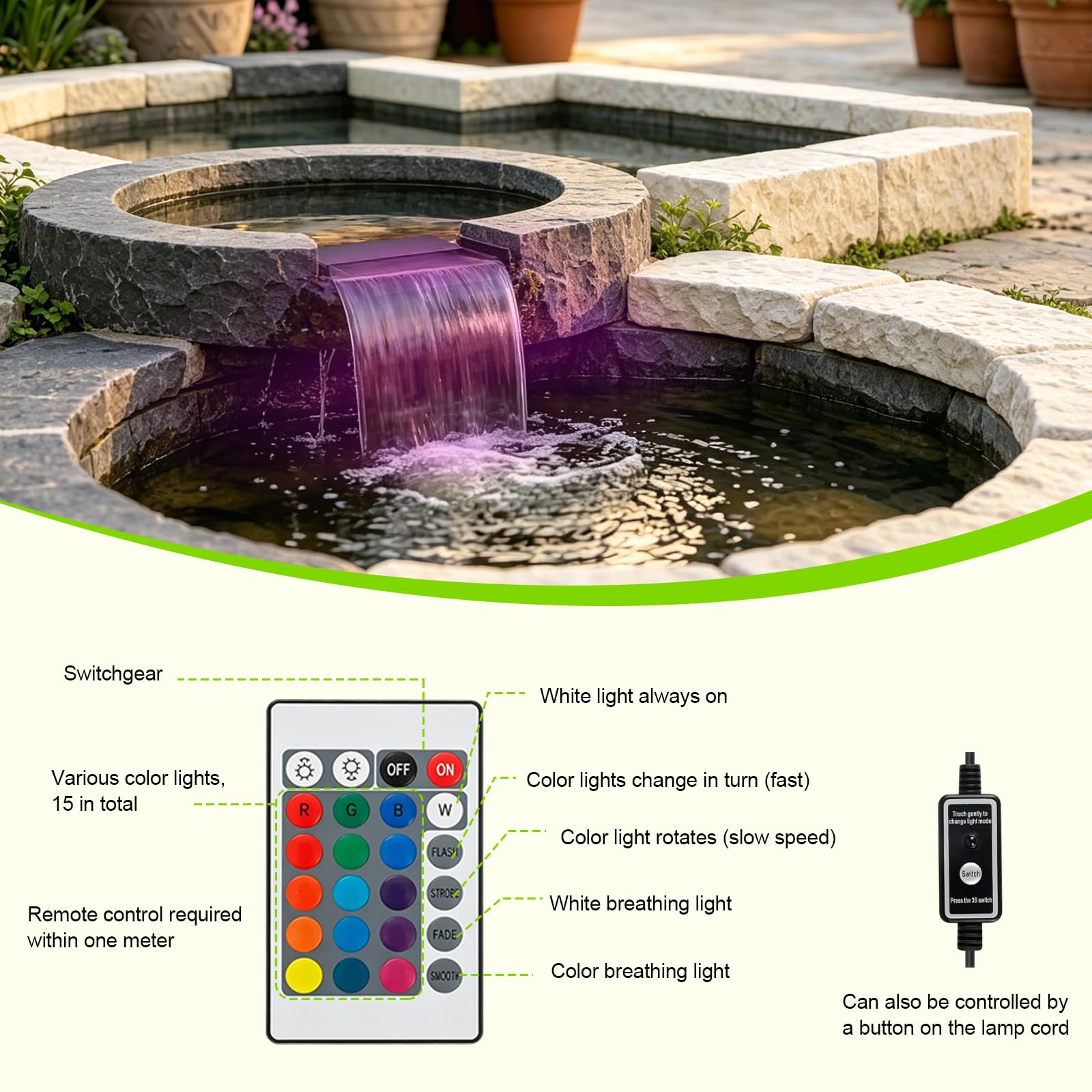 30cm Teichwasserfall-Set mit Pumpe, Licht, 3000L/H Edelstahl Wasserfall-Überlauf-Set mit 3 m Schlauch Wasserfallpumpe für Gartenteich, Hinterhof-Wasserspiele, Koiteich Wasserfall-Brunnen