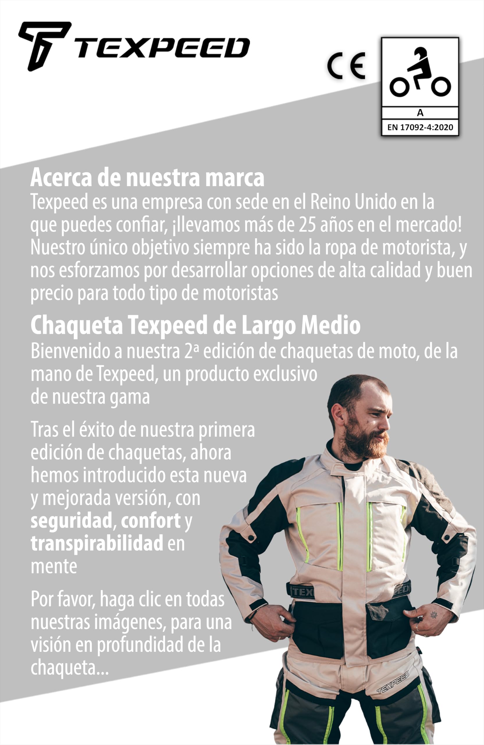 Texpeed Chaqueta moto hombre 4 estaciones con protecciones - Impermeable de motociclista con armadura CE (EN 1621-1) - Verano/invierno Gris/Blanco - XL