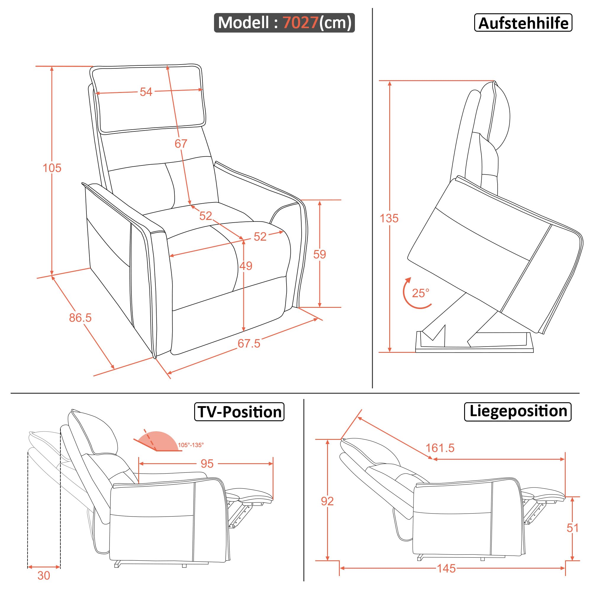 M MCombo Sillón TV con Asistencia Eléctrica para Levantarse, Sillón TV con función reclinable hasta 135°, Masaje & Calefacción, pequeño sillón Elevador, sillón Senior para salón 7027 (Gris)