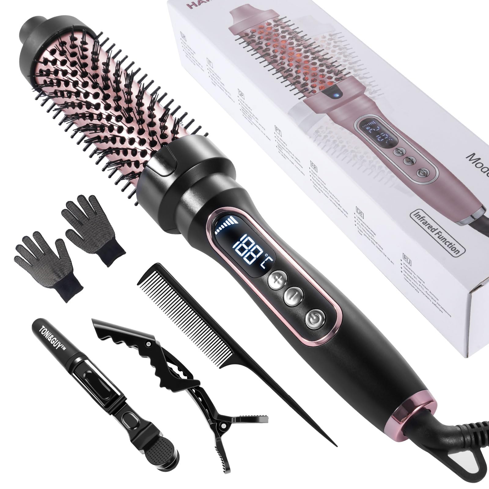 3 in 1 Thermal Brush, 38 mm Brosse Chauffante Céramique, LCD 100-210 °C,Lissage, Boucles Souples, Volume, Design Ionique Anti-Frisottis,5 Réglages de Température,Chauffage Rapide (Noir)