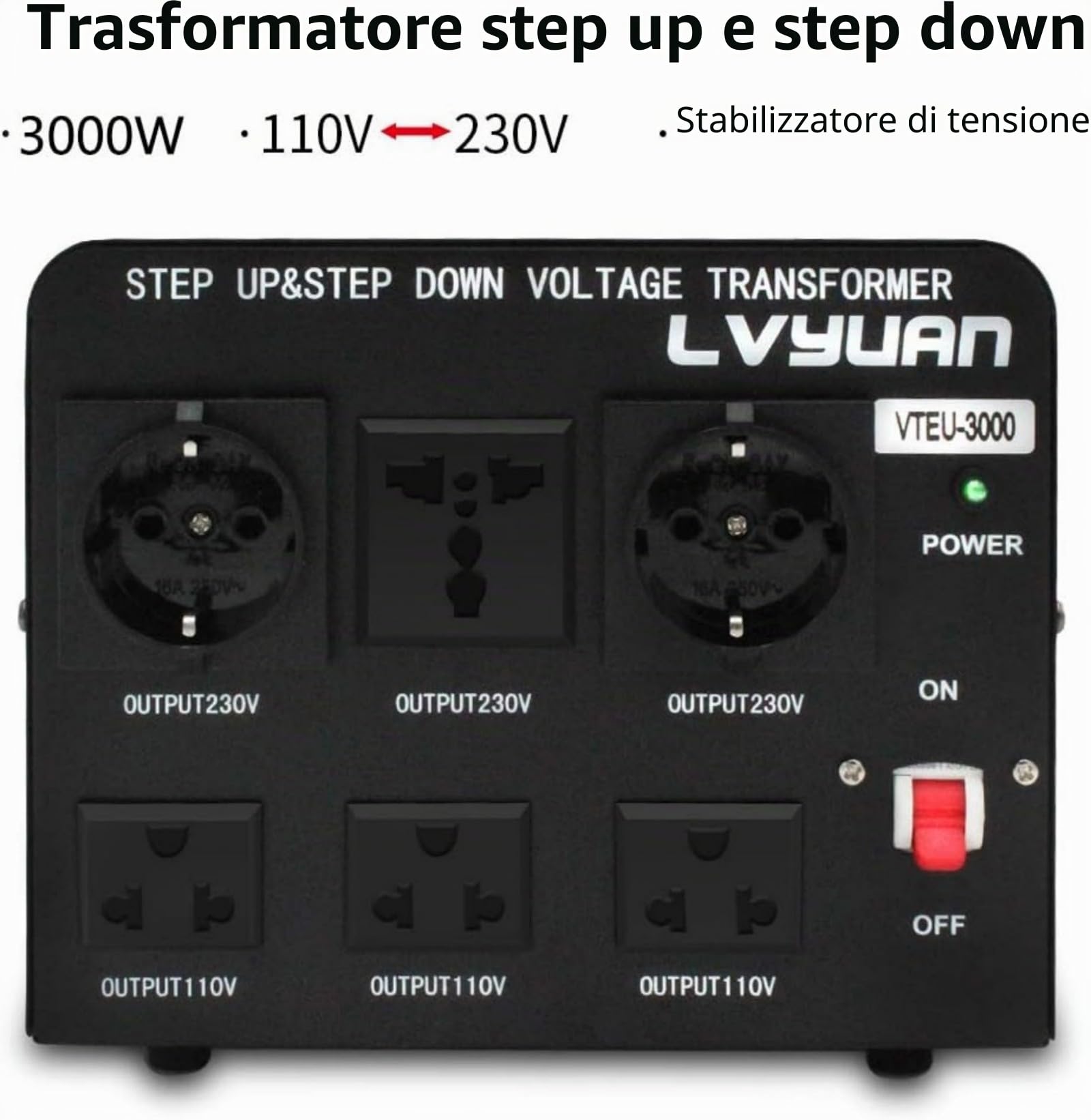 Cantonape Convertitore Di Tensione 3000W Trasformatore Di Tensione 220V - 110V 3000W Stabilizzatore Di Tensione Automatico Con 6 Uscite E Fusibili