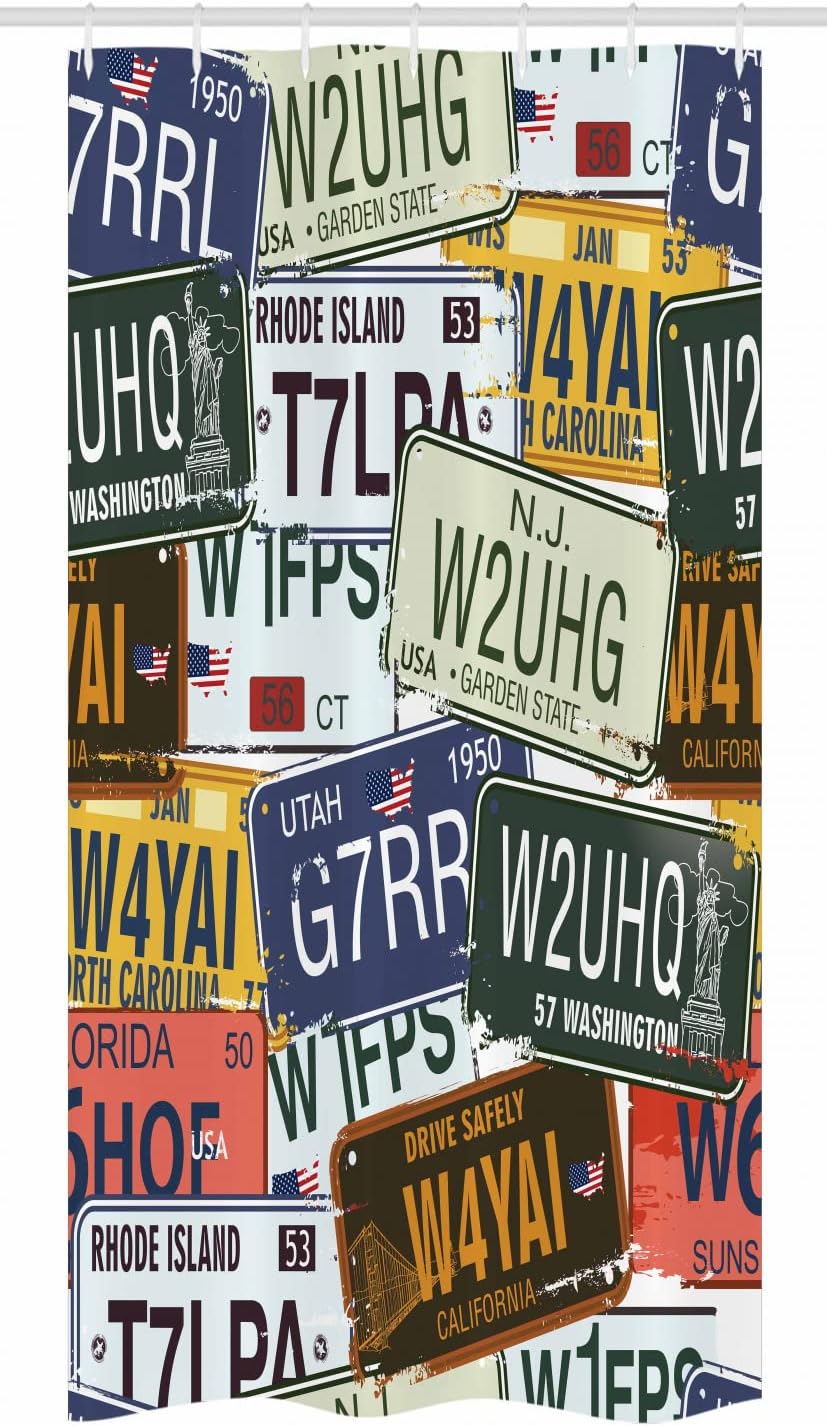 Ambesonne Vintage Stall Shower Curtain, Original Retro Style License Plates Personalized Creative Travel Vacation, Fabric Bathroom Decor Set with Hooks, 36" W x 72" L, Green Blue Yellow