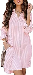 Womens Button Down Shirt Dresses with Pockets Cotton Striped Shirts Collared Tunics Long Sleeve High Low Blouse Tops - Buy now