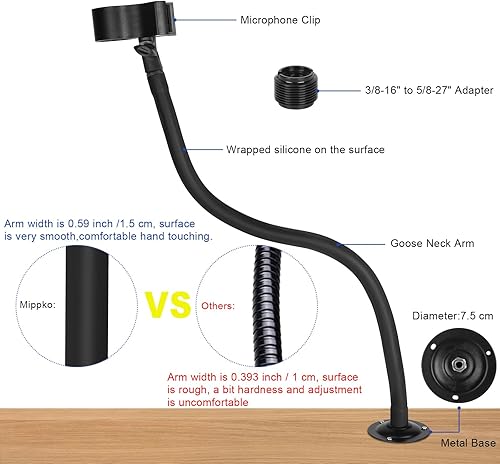 Miniatura 3 de Soporte de brazo de micrófono de 23.6 pulgadas23.6 in de cuello de cisne, soporte de pared para brazo de micrófono, clip de micrófono de base de