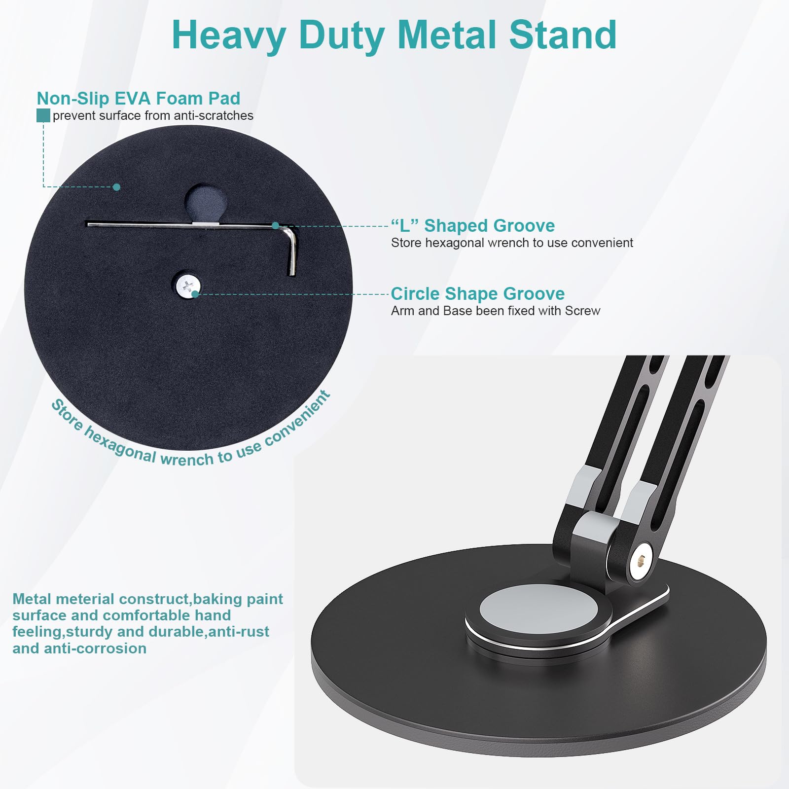 Supporto da scrivania per iPad, supporto per tablet con rotazione a 360°, base in metallo, morsetto per iPad, compatibile con iPad Pro, Surface Pro, monitor portatile, iPhone, adattatore a vite per