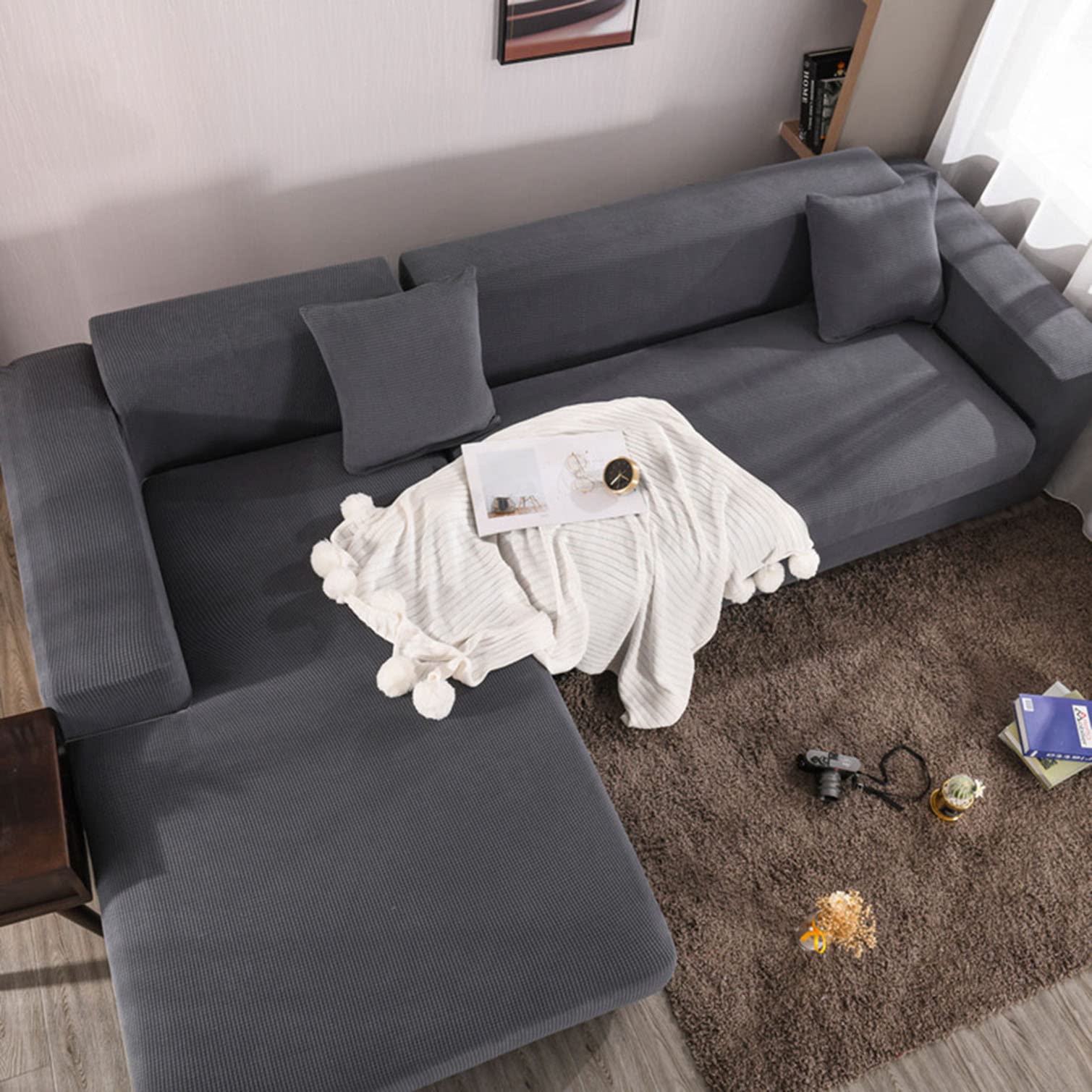Housse de canapé extensible haut de gamme en gris pour protection de meubles sectionnels en L
