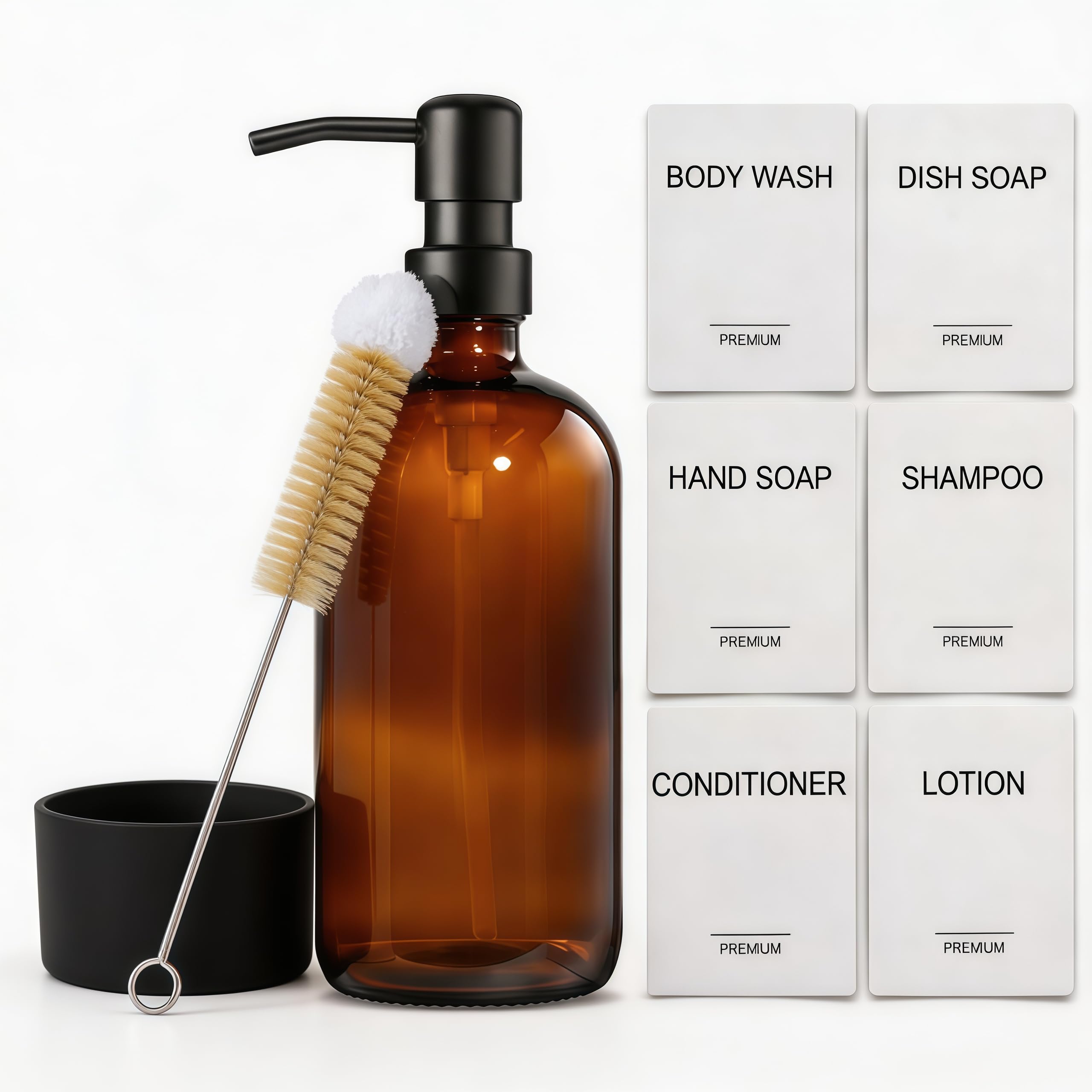 Dispensador de jabón para baño, dispensador de jabón de vidrio ámbar para cocina, dispensador de líquido de lavado de 500 ml con base de silicona, cepillo, bomba, champú y botellas de