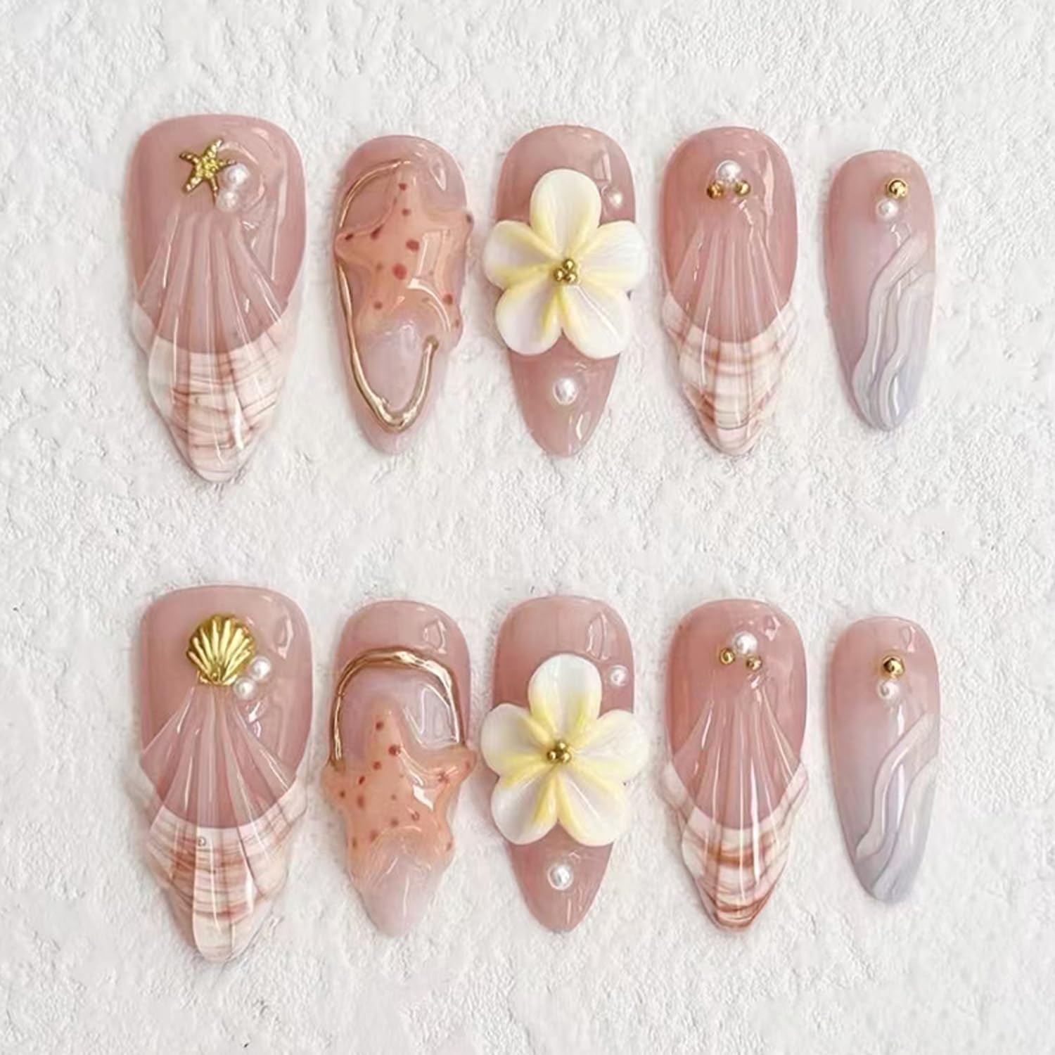 Photo 1 of 30Pcs Summer Press on Nails Medium Almond French Tip Fake Nails with 3D Ocean Seashell Starfish Designs Yellow Flower False Nails Pink Glossy Full Cover Water Ripples Acrylic Stick on Nails for Women