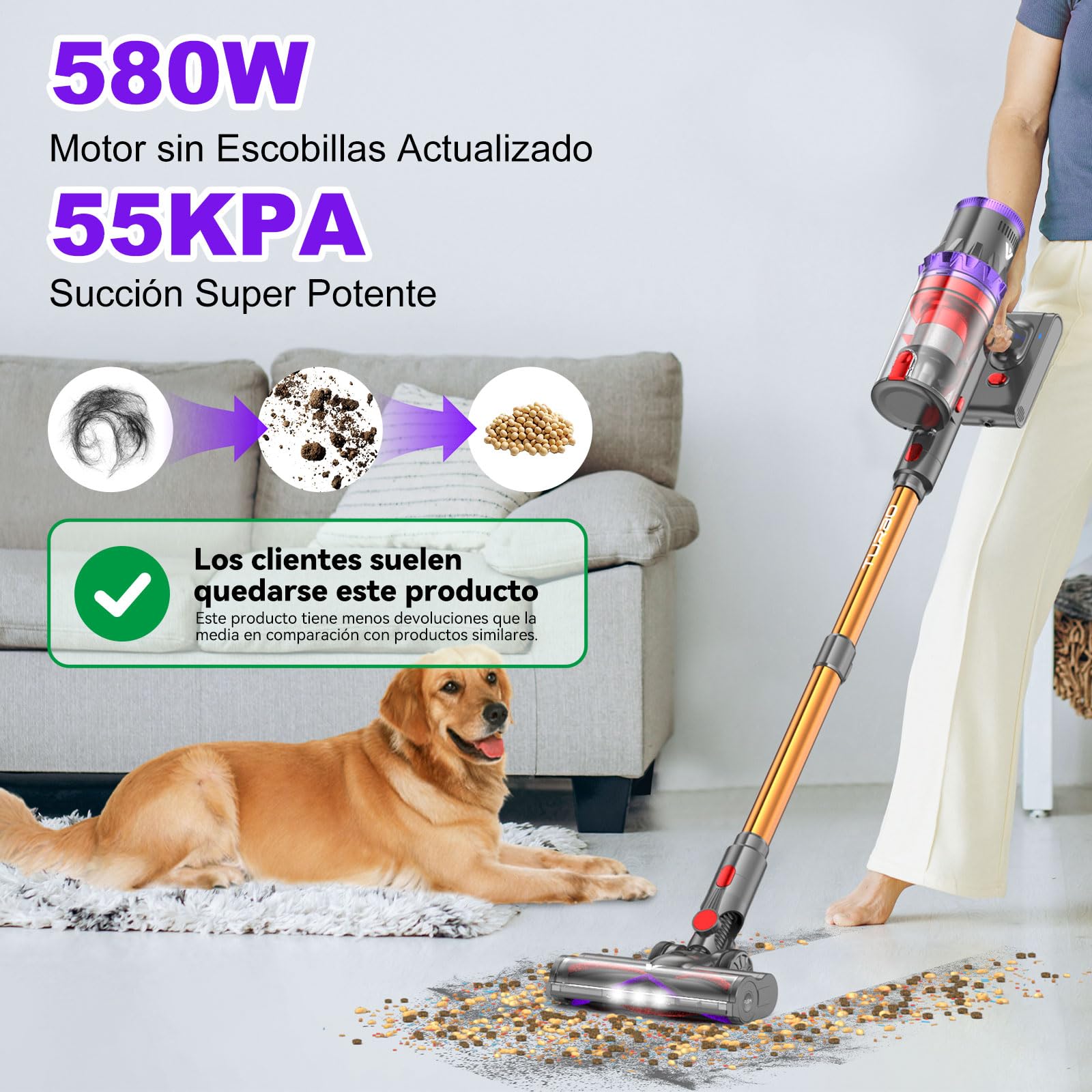 coovy SU7 Aspiradora sin Cable 580W/55Kpa/75Mins, Aspirador Escoba Vertical Potente con Pantalla Táctile LED, Antienredo y Modo Automático para Suelo Alfombras y Pelos de Animales
