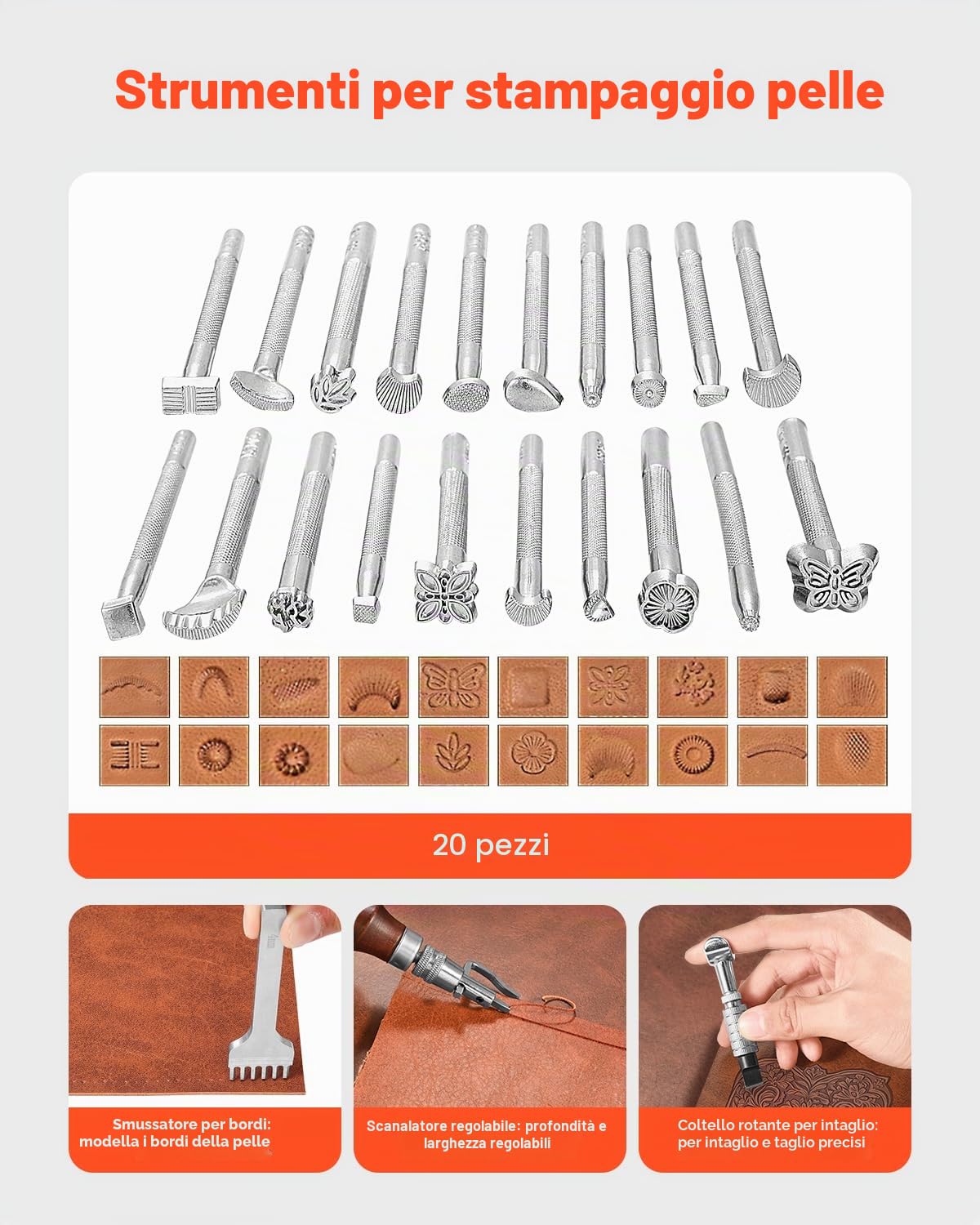 VEVOR Kit di Utensili per Lavorazione della Pelle, 72 Pezzi, Utensili per l'Artigianato della Pelle con Borsa Portaoggetti Portatile, per Incisione, Punzonatura, Cucito, Timbratura e Levigatura