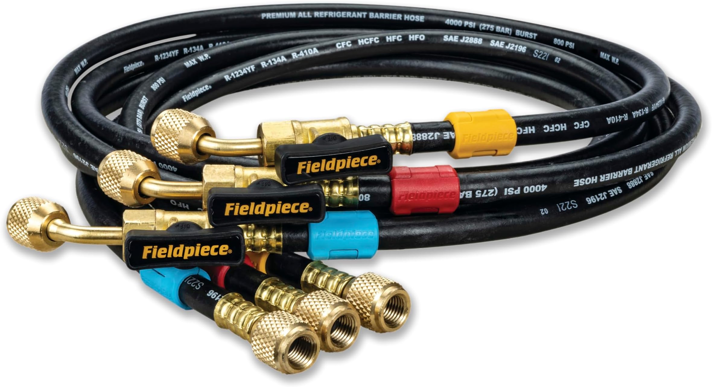 Fieldpiece HR3B - ¼” Ball Valve Hose Set - 5 ft Refrigerant Charging & Recovery Hoses - A2L Compatible - 3-Pack with Color Tags - 800 PSI Working / 4000 PSI Burst – Durable Full-Ring Triple Crimp