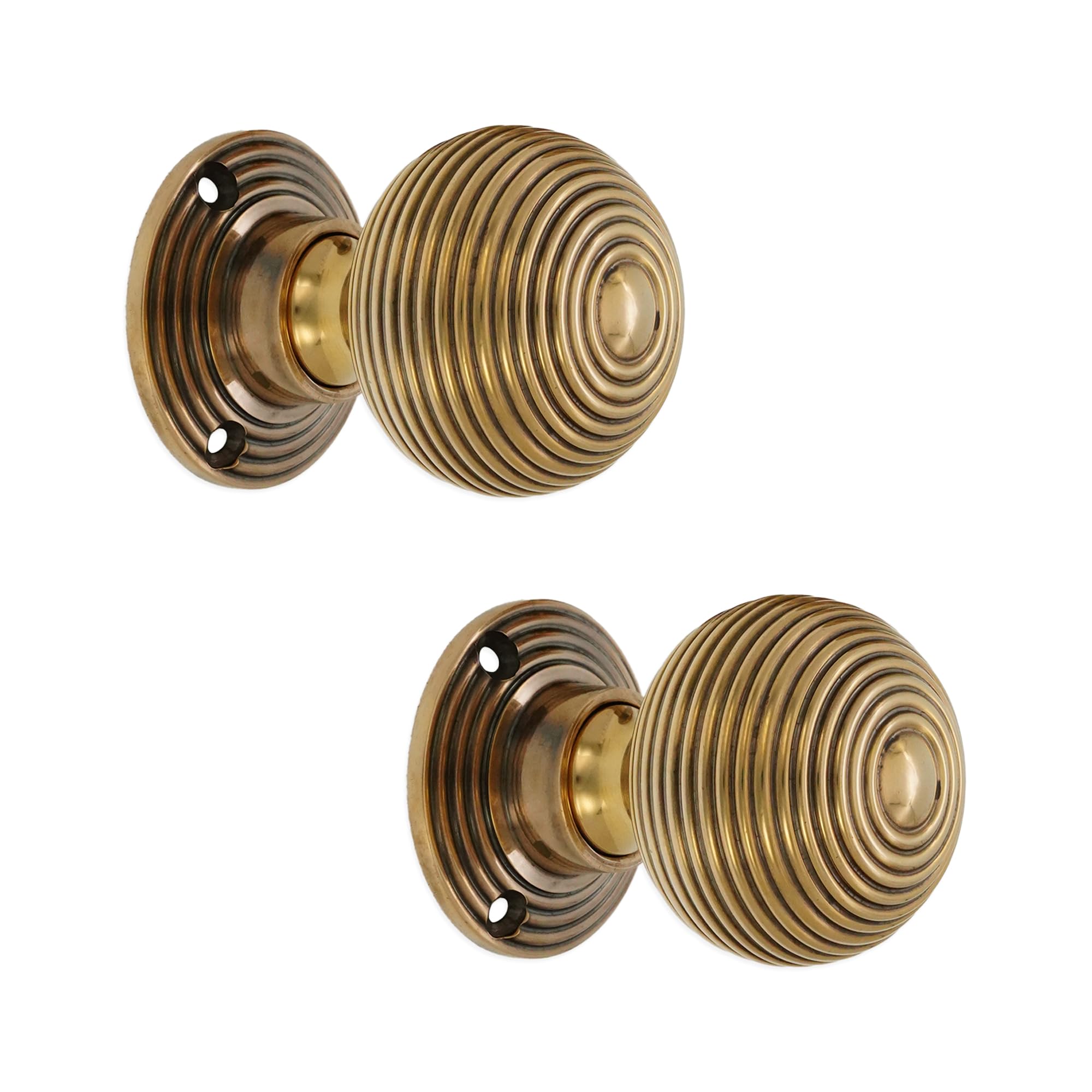Infinity Decor Pair of Ribbed Beehive Mortice Rim Door Knobs Set 50mm Aged Brass Rose Handles β Suitable for Interior & Exterior Doors