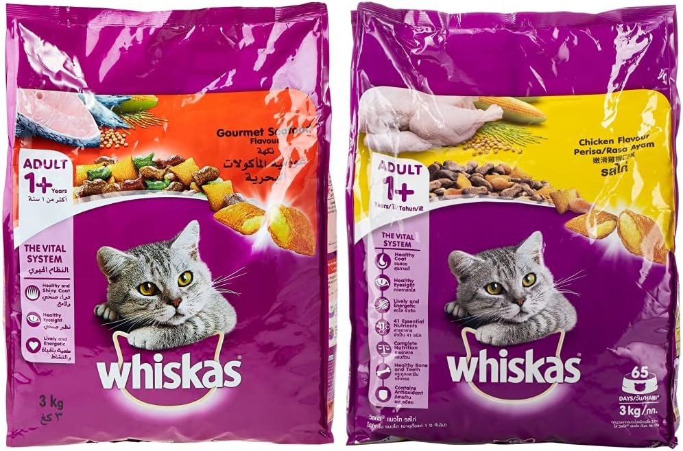 Whiskas Pockets Gourmet Seafood Dry Cat Food - 3 Kg & Chicken, Dry Food Adult, 1+ Years, 3Kg