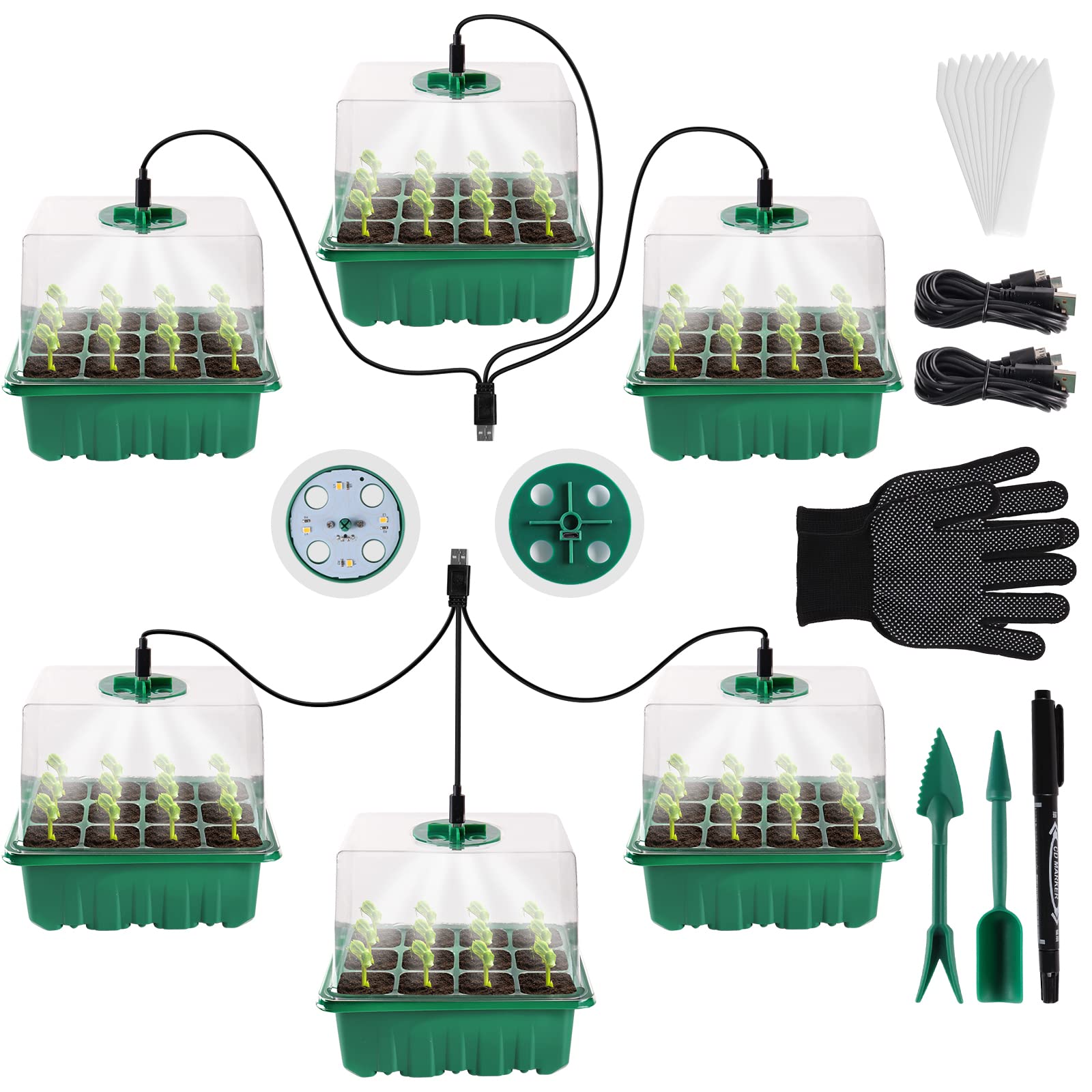 6 Pack Seed Starter Kit with Grow Light, Happybase Seed Starter Tray with Light, Seedling Starter Trays with Humidity Domes, Indoor Gardening Plant Germination Trays (12 Cells per Tray)