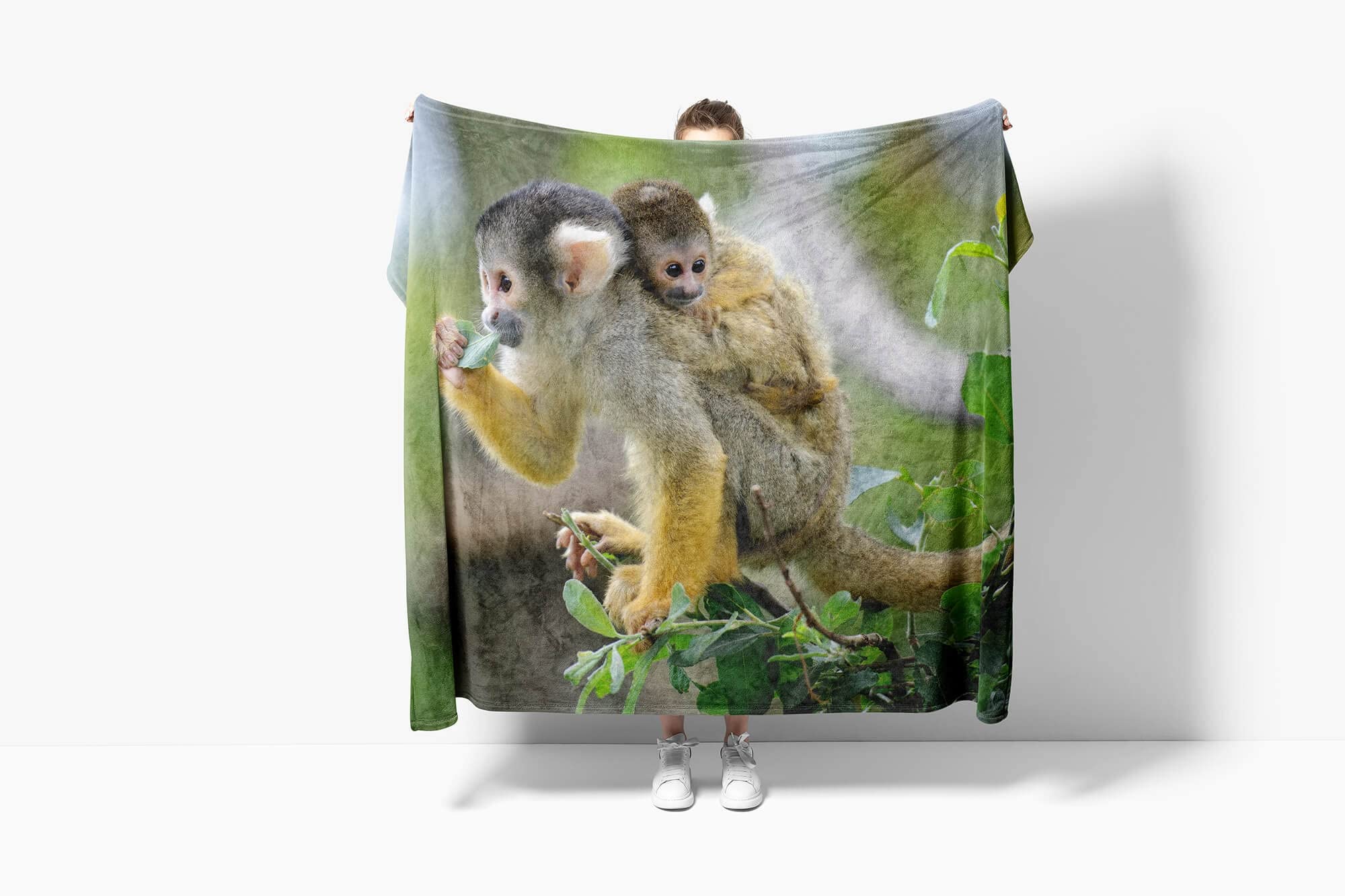 Handtuch Strandhandtuch Saunatuch Kuscheldecke mit Tiermotiv Kleiner Äffchen Ma Größe 180 x 130 cm (Tagesdecke - Sherpa Flies)