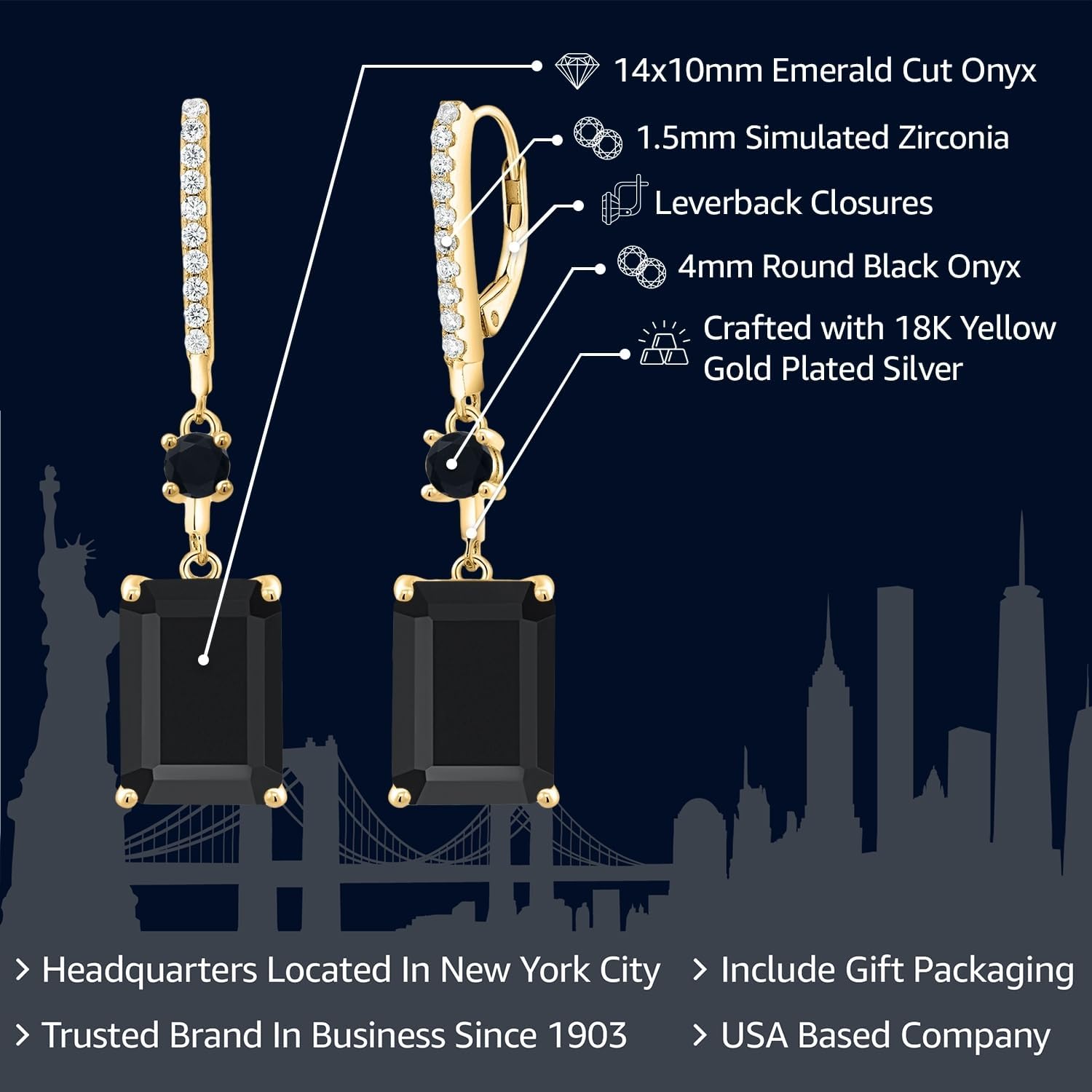 Gem Stone King 13.94 Cttw Black Onyx Dangle Earrings For Women | 18K Yellow Gold Plated Silver | Gemstone Birthstone | Emerald Cut 14X10MM