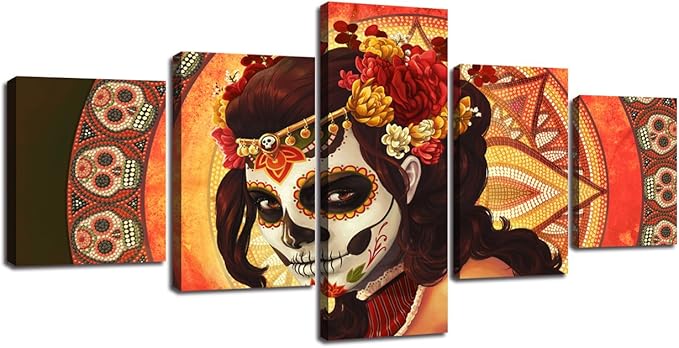 Day of the Dead Sugar Skull Girl's Face Wall Art All Saints Day Halloween Mexican Skull Artwork Framed Ready to Hang-50x24 inches