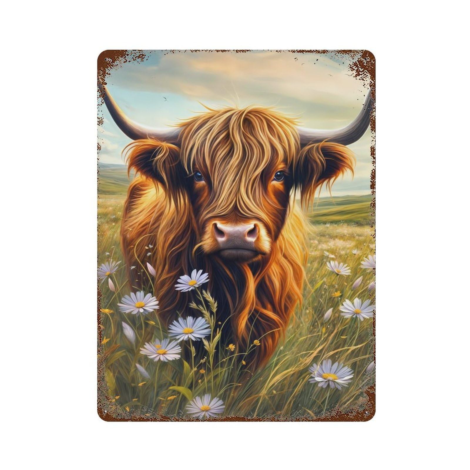 Cute Highland Cow in Field 15.7"x11.8" Rustic Tin Plaque, Novelty Wall Decor for Living Room, Hallway And Home Decor