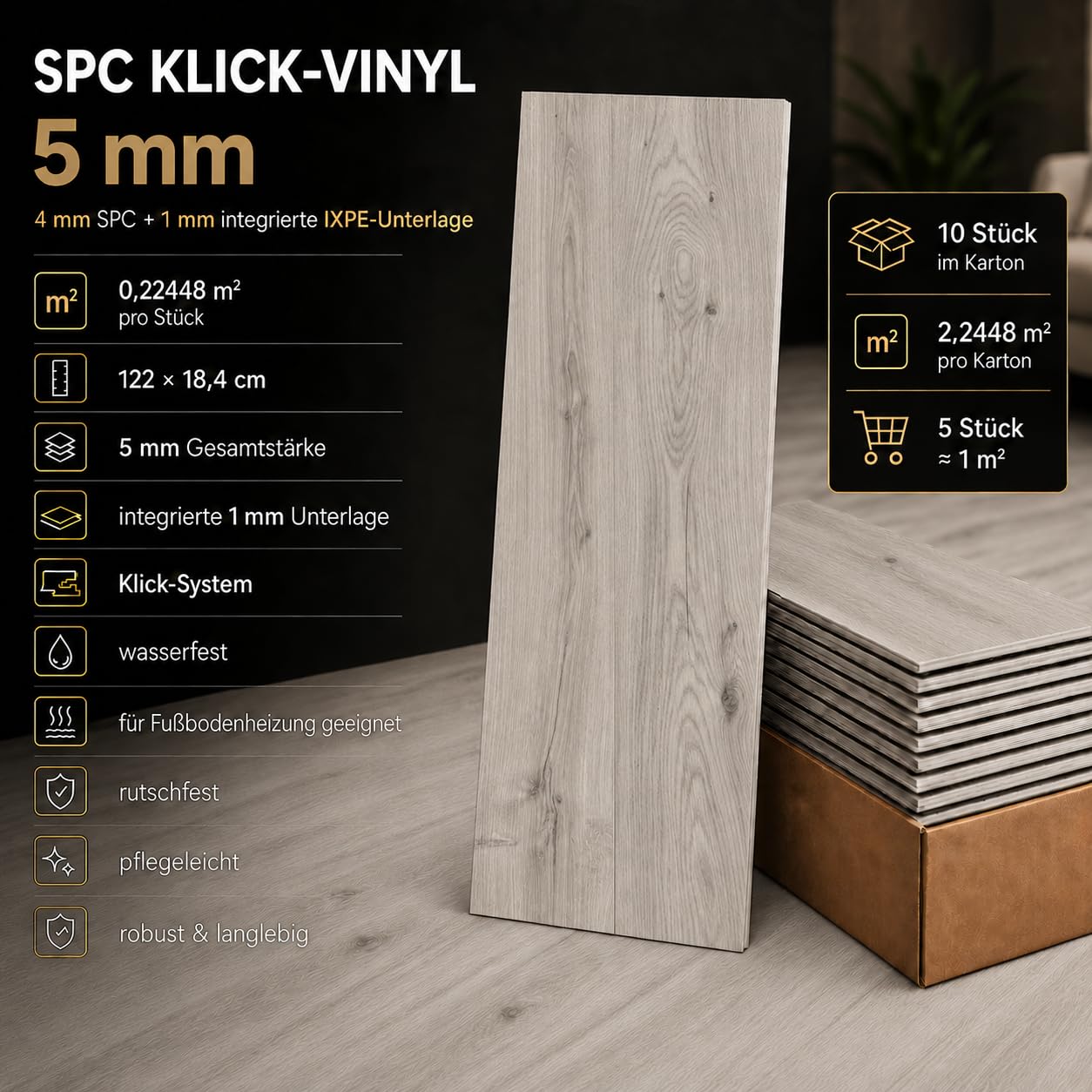 SPC - Pavimento in vinile Klick, 5 mm, 122 x 18,4 cm, impermeabile, con isolamento acustico IXPE integrato da 1 mm, facile da pulire (castagna, scatola 2,25 m²)