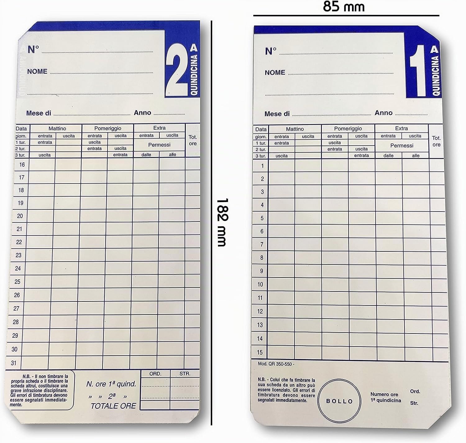 QR 350-550 Cartellini Quindicinali per Timbracartellini SEIKO: QR350, QR550, QR120, QR312, QR6560. Bianco, Set di 500 Pezzi